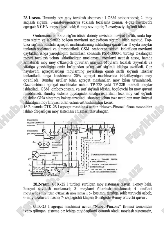 tushirish orqali yiliga 3.3 milliard kub/metr tabiiy gaz bosimini oshirish natijasida, kunlik tabiiy gaz qazib chiqarish koʻrsatkichlarini 1 million kub/metr koʻpaytirishga erishiladi. 28.2 sks va gaz haydovchi agregatlarni ishlash printsipini takomillashtirish skslarda moy bilan ta'minlash sistemasini ikkita moy bilan ta'minlash sistemasiga ajratish mumkun: umumiy sex va agregatlarga. umumiy sex ikkita moy bilan ta'minlash sistemasi (16.1-rasmda tasvirlangan) moylarni qabul qilish, saqlash va sexdagi moy saqlaydigan sarf sig'imlarini mashinaga uzatishdan oldin moylarni tozalash vazifasini bajaradi. bu sistema o'z ichiga quyidagilarni qamrab oladi: granurli maydag'ovakli silikal markali gsm 1 omborxonasi unda, ishlatilgan moylarni qaytadan ishga yaroqliligini ta'minlash xonasi 3 ham bor. 28.1-rasm. umumiy sex moy tozalash sistemasi: 1-gsm omborxonasi; 2- moy saqlash sig'imi; 3-masloregeratsiya (tiklash tozalash) xonasi; 4-gaz haydovchi agregat; 5-gha moysaqlash baki; 6-moy sovutgich; 7-avariyaviy sig'imli idish omborxonada ikkita sig'im idishi doimiy ravishda mavjud bo'lib, unda top- toza sig'im va ishlatilib bo'lgan moylarni saqlaydigan sig'imli idish mavjud. top- toza sig'imli idishda agregat …
