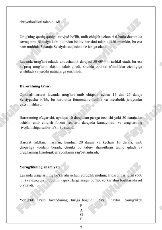 g'larida dormanlikni buzish uchun zarur, chunki u gibberellin kabi o'sish gormonlarining ishlab chiqarilishini rag'batlantiradi. stratifikatsiya harorati odatda +2 dan +5 daraja selsiygacha bo'lishi kerak. bu sharoitlarda 30 kunlik davr ko'pchilik lavanda navlari uchun optimaldir. urug'larning sifati va saqlash urug'larning sifati, ularning tozaligi va unuvchanlik darajasiga bog'liq. tozalik 95% dan yuqori bo'lishi, unuvchanlik esa kamida 60-70% bo'lishi tavsiya etiladi. saqlash sharoitlari urug'larning yaroqlilik muddatiga ta'sir qiladi. urug'larni salqin (15-20°c) va quruq (namlik 50% dan kam) joyda saqlash ularning unuvchanligini uzoqroq saqlaydi. urug'lar saqlash vaqtida nafas oladi, shuning uchun havo o'tkazuvchan idishlardan foydalanish muhimdir. germetik idishlarda uzoq muddat saqlash urug'larning unuvchanligini pasaytirishi mumkin. zamburug'lar va kasalliklar zamburug' kasalliklari, xususan, *fusarium* va *rhizoctonia*, lavanda nihollarining ildizlarini zararlab, unib chiqish darajasini 20-30 foizga kamaytirishi mumkin. tuproqdagi namlik darajasining yuqoriligi *phytophthora* kabi zamburug'lar rivojlanishi uchun qulay sharoit yaratadi, bu esa urug'larning unib chiqishiga 15-25 foizga salbiy ta'sir ko'rsatishi mumkin. sterilizatsiya qilinmagan tuproqda zamburug'lar va kasalliklar …