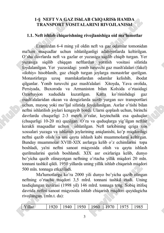 rgan. bunday muammolar xviii-xix asrlarga kelib o’z echimlarini topa boshladi, ya'ni neftni sanoat miqyosida olish va qayta ishlash qurilmalarini qurish boshlandi. xix asr oxirlariga kelib, dunyo bo’yicha qazib olinayotgan neftning o’rtacha yillik miqdori 20 mln. tonnani tashkil qildi. 1950 yillarda uning yillik ishlab chiqarish miqdori 500 mln. tonnaga etkaziladi. ma'lumotlarga ko’ra 2000 yili dunyo bo’yicha qazib olingan neftning o’rtacha miqdori 3,5 mlrd. tonnani tashkil etadi. uning tasdiqlangan zaxirasi (1998 yil) 146 mlrd. tonnaga teng. sobiq ittifoq davrida neftni sanoat miqyosida ishlab chiqarish miqdori quyidagicha rivojlangan. (mln.t. da): yillar 1920 1940 1950 1960 1970 1975 1985 4 neft. mln.t 3,8 31,1 39,2 148,5 352,5 491,0 620 o’zbekiston mintaqasida neftni qazib olish, xix asrning 80- yillaridan boshlanadi. 1885 yilda rus tadbirkori d.p.petrov birinchi bor farg’ona vodiysida 2ta quduqdan neft oladi va uni farg’onaga olib keladi. sobiq shqrolar davrida o’zbekiston hududida neft qazib olish sust bqlib, uni ishlab chiqarish miqdori yiliga taxminan, bir …