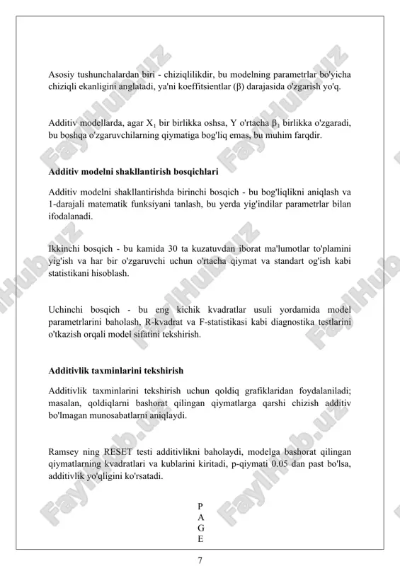 ing foiz oʻzgarishini baholaydi. heteroskedastiklik multiplikativ modellarda ko'proq uchraydi; white testidan foydalanib, xatolik variansining o'zgaruvchilarga bog'liqligini aniqlash mumkin, xususan x₁² va x₁x₂. ramsey reset testi multiplikativ modelning to'g'ri spetsifikatsiyasini baholaydi; agar p-qiymati 0.05 dan kichik bo'lsa, modelga yuqori darajali terimlar qo'shish tavsiya etiladi. additiv va multiplikativ modellarni taqqoslash additiv modellarda, o'zgaruvchilarning ta'siri yig'indisi shaklida ifodalanadi, masalan, y = a + b1x1 + b2x2, bunda har bir x o'zgaruvchining y ga qo'shadigan miqdori doimiy. multiplikativ modellarda esa, o'zgaruvchilarning ta'siri ko'paytma shaklida bo'ladi, logarifmik shaklda ifodalanganda, ln(y) = a + b1ln(x1) + b2ln(x2) ko'rinishida bo'ladi. multiplikativ modellar o'zgaruvchilar orasidagi o'zaro bog'liqlikni ifodalash uchun yaxshiroq, bunda bir o'zgaruvchining ta'siri boshqa o'zgaruvchining qiymatiga bog'liq bo'ladi, additiv modellarda esa bu bog'liqlik hisobga olinmaydi. model tanlash mezonlari aic (akaike axborot mezoni) modelning moslashuvchanligini va murakkabligini hisobga oladi; kichik aic qiymati yaxshiroq modelni ko'rsatadi, ma'lumotlarga optimal moslashuvni ta'minlaydi. bic (bayes axborot mezoni) aicga o'xshaydi, lekin model murakkabligiga …