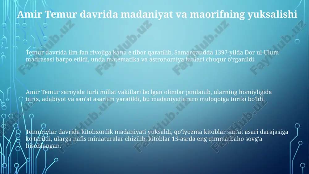 sevtik ingredientlarni o'z ichiga olgan. farmatsiya sohasida dorivor o'simliklardan foydalanish kengaydi. samarqand va buxoro kabi shaharlarda 200 dan ortiq turli xil dorivor o'simliklar yetishtirilib, ulardan turli xil malhamlar tayyorlangan. ta'lim tizimi va madrasalar temuriylar davrida matematika, astronomiya va tibbiyot kabi dunyoviy fanlar madrasalarda keng o'rganildi, ulug'bekning astronomik kuzatuvlari bunga misol bo'la oladi. amir temur davrida madrasalar ilmiy markaz sifatida rivojlandi, samarqandda 1397-yilda dorus-siyoda madrasasi qurildi, unda qur'on va hadis ilmlari o'rgatildi. ta'lim tizimi ikki bosqichdan iborat edi: ibtidoiy maktablarda savodxonlik o'rgatilar, so'ngra madrasalarda islom huquqi va boshqa fanlar chuqur o'rganilar edi. kitobxonlik va kutubxonalar temuriylar davrida kitobxonlik keng tarqalgan boʻlib, samarqandda 15-asrda mirzo ulugʻbekning boy kutubxonasi ilm markazi sifatida faoliyat koʻrsatgan. temuriylar hukmronligi davrida kutubxonalar nafaqat kitob saqlash joyi, balki olimlar va shoirlar uchun ilmiy muhokama markazi vazifasini oʻtagan, ularning soni 30 dan ortiq edi. temuriylar davrida kitoblarni koʻpaytirishda xattotlik sanʼati yuqori darajada rivojlangan, har bir kitob badiiy bezatilgan boʻlib, …