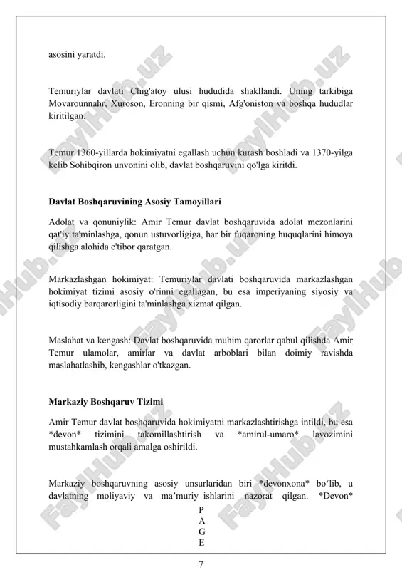 solishga qaratilgan. «temur tuzuklari»dagi 10 ta harbiy tuzuk armiyani boshqarish, askarlarni ta'minlash va harbiy yurishlar qoidalarini aniq belgilab, temur qo'shinining muvaffaqiyatini ta'minlagan. shariat qonunlarining o'rni shariat qonunlari temuriylar davlatida muhim o'rin tutgan. ular asosan oilaviy munosabatlar, meros, nikoh va ajralish masalalarini tartibga solishda qo'llanilgan. bu qonunlar huquqiy tizimning bir qismi edi. amir temur shariat qonunlariga hurmat bilan qaragan. biroq, u davlat boshqaruvida faqatgina shariat bilan cheklanmasdan, odat huquqi (urf-odatlar) va o'z qonunlarini ham joriy etgan. qonunlar 'tuzuklar'da jamlangan. shariat qonunlari qozilar (sud'yalar) tomonidan qo'llanilgan. qozilar mahalliy darajada ishlagan va shariatga muvofiq hukmlar chiqargan. bu qonunlar temuriylar davlatida adolat o'rnatishda muhim rol o'ynagan. iqtisodiy siyosat va soliq tizimi amir temur davrida yer solig'i, xiroj, dehqonchilik mahsulotlaridan olinar, shuningdek, chorvachilik va hunarmandchilikdan ham 1/5 qismi soliq sifatida yig'ilgan. temuriylar davlatida zakot, musulmonlardan olinadigan soliq, davlat budjetining muhim qismini tashkil etar edi, bunda aholining daromadidan 2,5 foiz miqdorida undirilgan. savdo-sotiqni rivojlantirish maqsadida bojxona …