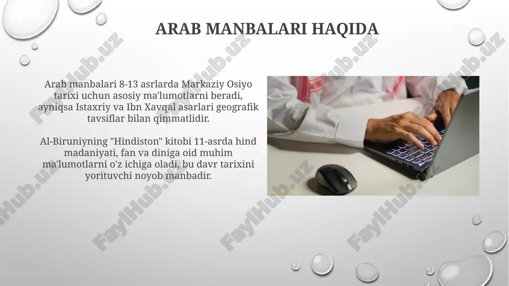a “maqomat” janri keng tarqalgan boʻlib, 10-12-asrlarda badiuzzamon hamadoniy va abu muhammad qosim basriy kabi yozuvchilarning 50 dan ortiq asarlari mavjud. arab manbalarining g'arbga ta'siri arab olimlari 12-asrdan boshlab tibbiyot, matematika va astronomiya bo'yicha muhim matnlarni g'arbga etkazdilar, bu esa yevropa fanini rivojlantirishga turtki bo'ldi. ispaniyadagi arab madaniyati g'arbga aristotel, evklid va ptolemey kabi antik davr mutafakkirlarining asarlarini tanishtirdi, bu esa uyg'onish davriga katta ta'sir ko'rsatdi. o'rta osiyo va arab manbalari arab manbalari oʻrta osiyo tarixini yoritishda muhim rol oʻynaydi, masalan, ibn xurdodbexning "kitob al-masolik va-l-mamolik" asari ix asrda mintaqa geografiyasi va savdo yoʻllari haqida maʼlumot beradi. al-beruniyning "hindiston" (tahqiq ma li-l-hind) xi asrga oid boʻlib, oʻrta osiyoning hindiston bilan madaniy va ilmiy aloqalari, shuningdek, oʻrta osiyo olimlarining hind ilmiga qoʻshgan hissasi haqida soʻzlaydi. arab manbalarini o'rganish usullari arab manbalarini o'rganishda qiyosiy matnshunoslik usuli qo'llaniladi, bunda bir xil voqeani tasvirlovchi turli arabiy matnlar solishtirilib, faktlar aniqlanadi, 80-90% aniqlikka erishiladi. arab …