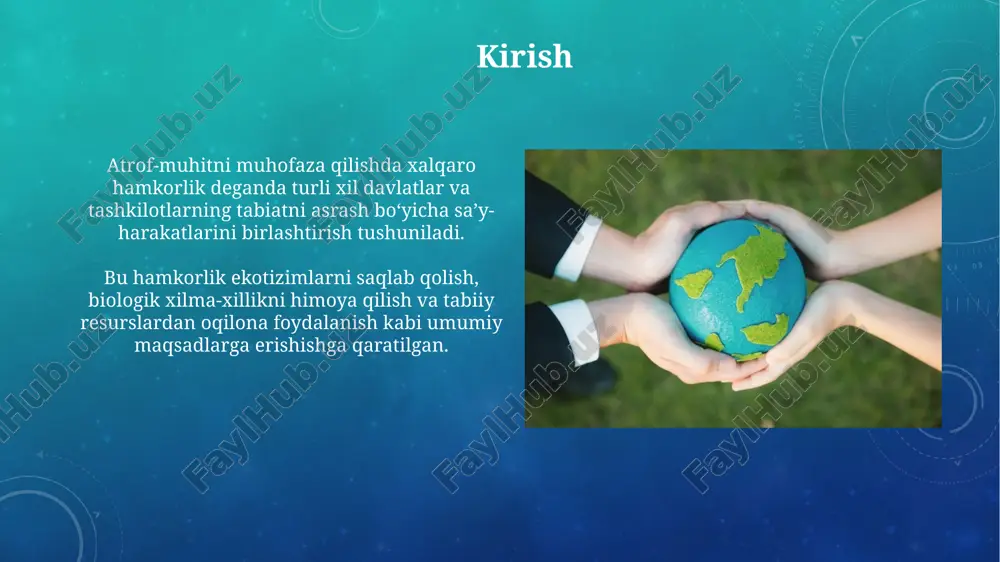gan davlatlarga transmilliy ekologik muammolarni hal qilish uchun 5 milliard dollardan ortiq mablag 'ajratadi, bu strategik investitsiyalarni ta'minlaydi. karbon kreditlash mexanizmi, masalan, kyoto protokolining toza rivojlanish mexanizmi (trm), karbon emissiyasini kamaytirish loyihalarini moliyalashtirish uchun 3 milliard dollardan ko'proq mablag 'sarflaydi. texnologiya transferi va imkoniyatlarni oshirish texnologiya transferi ekologik toza texnologiyalarni rivojlantirish uchun 20 million aqsh dollari miqdoridagi mablag’larni jalb qilishi mumkin, bu esa imkoniyatlarni oshirishga yordam beradi. imkoniyatlarni oshirish loyihalari 1000 dan ortiq mutaxassisni tayyorlash orqali atrof-muhitni muhofaza qilish sohasida mahalliy bilim va tajribani oshirishga qaratilgan. xulosa va tavsiyalar xalqaro hamkorlikda 2030 yilgacha bo'lgan barqaror rivojlanish maqsadlariga erishish uchun texnologiyalarni transfer qilishni jadallashtirish zarur. global ekologik muammolarni hal qilishda davlatlar o'rtasida 1992-yilgi rio deklaratsiyasida belgilangan umumiy, ammo farqli majburiyatlar prinsipini qo'llash muhim. e'tiboringiz uchun rahmat image3.png image4.jpg image5.jpg image6.jpg image7.jpg image8.jpg image9.jpg image10.jpg image11.jpg image12.jpg image13.jpg image14.jpg image15.jpg