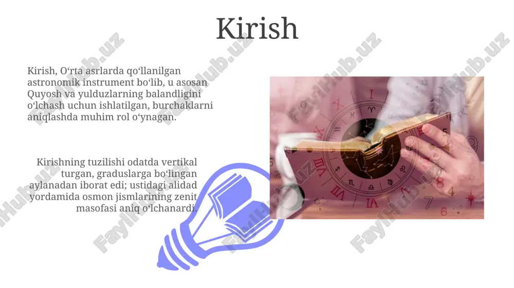 iqlashda bebaho ma’lumotlarni beradi. ma'lumotlarni tahlil qilish va qayta ishlash ma'lumotlarni qayta ishlashda kalibrlash usullari 100 dan ortiq tizimli xatoliklarni kamaytirish uchun muhim, bu astronomik kuzatuvlarning aniqligini sezilarli darajada oshiradi. spektral tahlil yulduzlarning haroratini aniqlash uchun ishlatiladi, 5000k dan 40000k gacha bo'lgan harorat oralig'idagi spektral chiziqlar intensivligini o'lchash orqali. kelajakdagi texnologiyalar va istiqbollar kelajakda 3d bosib chiqarish yordamida kosmik kemalar va sun'iy yo'ldoshlarni joyida qurish mumkin, bu xarajatlarni kamaytiradi va missiyalarni tezlashtiradi. kelajakda 20-30 yil ichida bu texnologiya rivojlanadi. katta teleskoplar uchun adaptiv optika tizimlari atmosferaning buzilishini bartaraf etadi, 10-100 marta aniqroq tasvirlarni beradi. bu kelajakda galaktikalarni o'rganish uchun juda muhimdir. e'tiboringiz uchun rahmat image4.png image5.jpg image6.jpg image7.jpg image8.jpg image9.jpg image10.jpg image11.jpg image12.jpg image13.jpg image14.jpg image15.jpg image1.jpeg image2.jpeg image3.jpeg