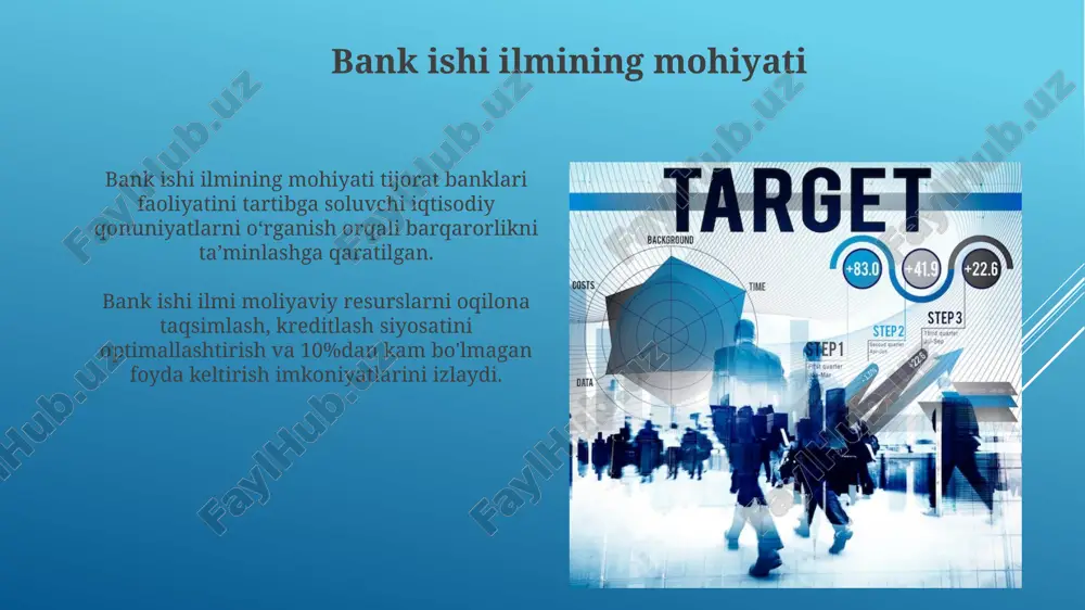i baholashni o'z ichiga oladi, bu yerda kredit reytinglari va 99% ishonch darajasida potentsial zararlar hisoblanadi. operatsion xavflarni boshqarish muhim, chunki u texnologik buzilishlar va xodimlar xatolaridan kelib chiqadigan 1 million dollargacha bo'lgan yo'qotishlarni minimallashtiradi. bank ishi ilmining istiqbollari bank ishi ilmining istiqbollari raqamli texnologiyalarni chuqur integratsiya qilish, blokcheyn texnologiyasini o'rganish va masofaviy xizmat ko'rsatishning yangi usullarini ishlab chiqish bilan bog'liq. kelajakda bank ishi ilmi sun'iy intellekt (ai) va katta ma'lumotlar (big data) tahlilidan foydalanib, kreditlash risklarini baholash, firibgarlikni aniqlash va mijozlarga xizmat ko'rsatish sifatini oshirishga qaratiladi. e'tiboringiz uchun rahmat image1.png image2.jpg image3.jpg image4.jpg image5.jpg image6.jpg image7.jpg image8.jpg image9.jpg image10.jpg image11.jpg image12.jpg image13.jpg