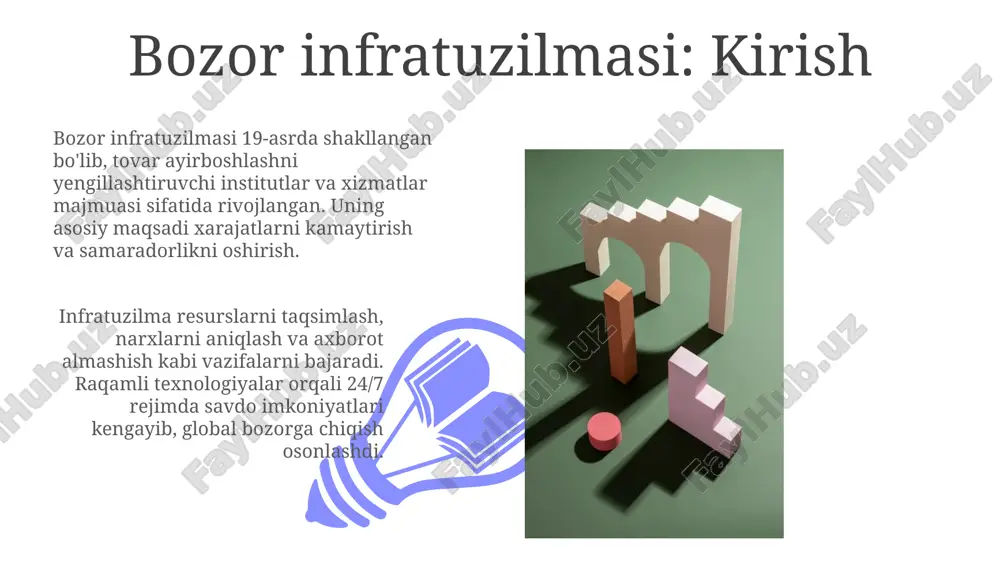 siyasi resurslarni optimal taqsimlashga yordam beradi, bu erda 70% narxlar talab va taklifga bog'liq bo'lib, 30% davlat tomonidan tartibga solinadi. axborot ta'minoti funktsiyasi bozor ishtirokchilarini 80% aniq va dolzarb ma'lumotlar bilan ta'minlaydi, bu esa 25% samaraliroq qaror qabul qilishga yordam beradi. likvidlikni ta'minlash "likvidlikni ta'minlash" 1) moliyaviy aktivlarni tez va arzon sotish qobiliyatini anglatadi, transaksiyalar uchun minimal sarflar bilan ta'minlanadi. 2) markaziy banklar likvidlikni foiz stavkalarini o'zgartirish, majburiy rezervlarni belgilash va operatsiyalarni boshqarish orqali ta'minlaydi. narxlarni shakllantirish samaradorligi 01 02 narxlarni shakllantirish samaradorligi 1-darajali axborotning tez tarqalishi bilan bog'liq, bu esa aktivlar bahosini haqiqiy qiymatga yaqinlashtiradi. sales 1st qtr 2nd qtr 100 0 sales 1st qtr 2nd qtr 100 0 riskni boshqarish riskni boshqarishning asosiy maqsadi - aktivlarni himoya qilish va xarajatlarni kamaytirish uchun noaniqlik va uning potentsial ta'sirini aniqlash, baholash va nazorat qilish jarayoni. riskni boshqarish jarayonida 3 bosqich muhim: riskni aniqlash (masalan, kredit riski 10%), riskni baholash (yuqori, …