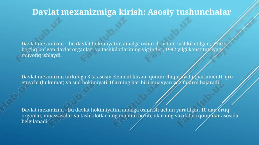uchun javobgardir. huquqni muhofaza qiluvchi organlar tizimi o'zbekiston respublikasida huquqni muhofaza qiluvchi organlar tizimi konstitutsiyaning 115-moddasiga muvofiq tashkil etilgan bo'lib, ichki ishlar organlari, prokuratura va milliy gvardiyani o'z ichiga oladi. huquqni muhofaza qiluvchi organlarning asosiy vazifalaridan biri jinoyatchilikka qarshi kurash bo'lib, unga ko'ra jinoyat kodeksining 15-bobida ko'rsatilgan 100 dan ortiq jinoyat turlari bo'yicha tergov olib boriladi. sud tizimi ham huquqni muhofaza qilishda muhim rol o'ynaydi, chunki ma'muriy javobgarlik to'g'risidagi kodeksning 245-moddasida ko'rsatilgan 50 ga yaqin huquqbuzarlik holatlari bo'yicha ma'muriy jazolar tayinlaydi. davlatning iqtisodiy mexanizmi moliyaviy-kredit siyosati foiz stavkalarini tartibga soladi va pul massasini nazorat qiladi, shu bilan inflyatsiyani 5 foizdan past darajada ushlab turadi va investitsiyalarni rag'batlantiradi, bu esa yangi ish o'rinlarini yaratishga yordam beradi. davlatning iqtisodiy mexanizmi resurslarni taqsimlash va samarali foydalanishni ta’minlash uchun soliq siyosati, subsidiyalar va davlat xarajatlaridan foydalanadi, bu 20 foizgacha iqtisodiy o'sishga ta'sir qilishi mumkin. davlat mulkini boshqarish va xususiylashtirish jarayonlari iqtisodiy faollikni oshiradi, korxonalarning …