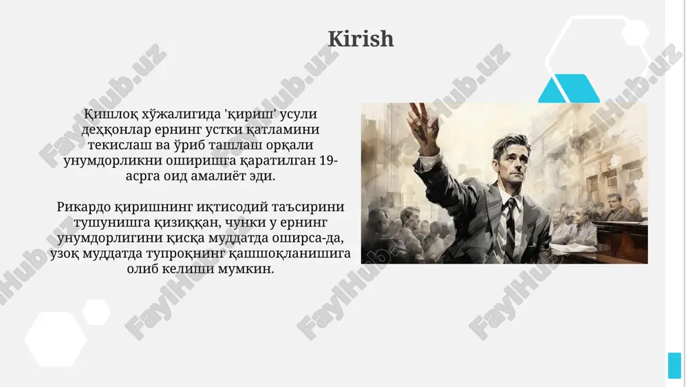 shga tushiriladi va renta darajasi 10% ga ko'tariladi. erkin savdo tarafdori ricardo erkin savdoni milliy iqtisodiyotga foyda keltiruvchi vosita deb hisobladi, ayniqsa solishtirma ustunlik nazariyasi orqali, bu esa samarali ixtisoslashuvni rag'batlantiradi. uning nuqtai nazari bo'yicha, erkin savdo iste'molchilar uchun narxlarni pasaytiradi va ishlab chiqaruvchilar o'z samaradorligini oshirishga undaydi, natijada umumiy iqtisodiy farovonlik ortadi. rikardo qarashlarining tanqidi ricardo'ning soliq nazariyasi davlat xarajatlarini yetarli darajada hisobga olmaganligi uchun tanqid qilingan. u 100% soliqlash iqtisodiyotga zarar keltirmaydi deb hisoblagan, bu esa xato edi. mehnat qiymat nazariyasi barcha tovarlar qiymatini faqat mehnat bilan o'lchab, kapital va yer kabi boshqa ishlab chiqarish omillarini e'tibordan chetda qoldirgani uchun qattiq tanqid ostida qoldi. rikardo modellarining zamonaviy ahamiyati rikardoning qiyosiy afzallik nazariyasi global savdo siyosatini shakllantirishda muhim, chunki u davlatlararo ixtisoslashuv va samarali resurs taqsimotini ta'minlaydi. mehnat qiymati nazariyasi, bugungi kunda ishlab chiqarish jarayonida texnologiyalarning roli ortishi bilan mehnat unumdorligi va kapitalning qiymatga ta'sirini tahlil qilishda foydalidir. rikardo …