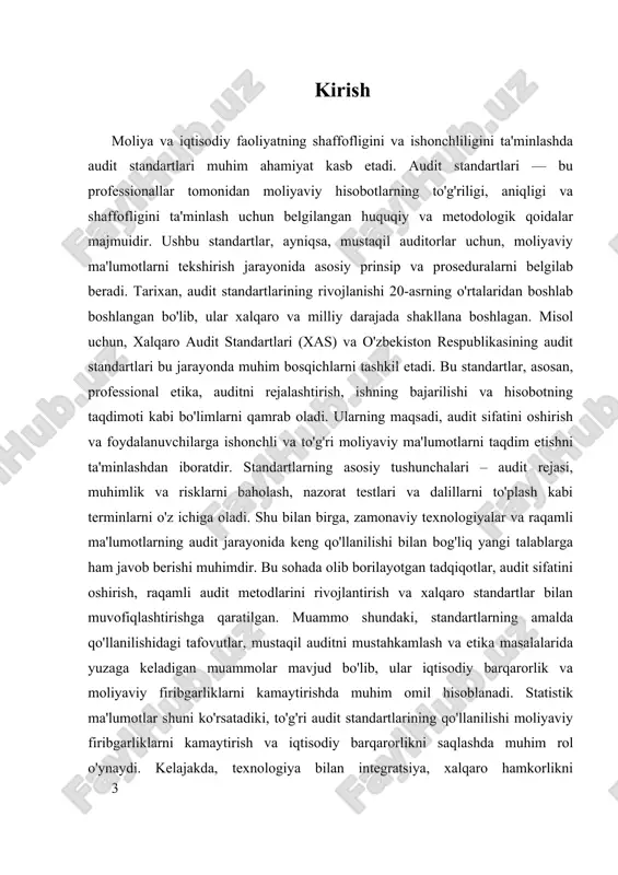 hisobotlarning to‘g‘riligi va ishonchliligini ta'minlashda muhim ahamiyat kasb etadi. shuningdek, auditda ehtiyotkorlik va ehtiyotkorlik prinsipi, auditorning xatolik va kamchiliklarni aniqlashda qat’iylik va xolislik bilan yondashishini taqozo etadi. boshqa muhim prinsiplardan biri – ob'ektivlik va mustaqillikdir. auditorlar o'zlarining shaxsiy yoki tashqi ta'sirlardan mustaqil bo‘lib, objektivlik bilan ish olib borishlari shart. bu prinsip, auditorning shaxsiy manfaatlari yoki tashqi bosimlar ta'siridan holi bo‘lishini ta'minlaydi va audit natijalarining haqqoniyligini oshiradi. mustaqillik, ayniqsa, professional etik qoidalar bilan birga, audit jarayonining ishonchliligini ta'minlashda muhim rol o‘ynaydi. audit standartlarining yana bir muhim tamoyili – maxfiylik va ma'lumotlarni muhofaza qilishdir. auditorlar, audit jarayonida to‘plangan ma'lumotlarni faqatgina audit vazifasini bajarish uchun ishlatishlari va ularni uchinchi shaxslar bilan bo‘lishmasliklari shart. bu tamoyil, moliyaviy va kompaniya maxfiyligini saqlashga yordam beradi va ishonchni mustahkamlaydi. shuningdek, auditda yondashuv va metodologik prinsiplar ham muhim o‘rin tutadi. bu prinsiplarga amal qilish, auditorlarning metod va texnikalarini standartlashtirish va ularni amalda keng qo‘llash imkonini beradi. masalan, audit …