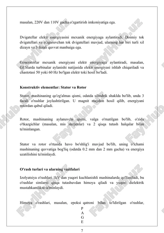 ntga erishishni ta'minlaydi. moment hosil bo'lishi uchun stator va rotor o'tkazgichlarida o'zgaruvchan tok oqimi mavjud bo'lishi kerak, bu esa magnit maydon hosil qiladi va ularning o'zaro ta'siri mexanik kuchni yaratadi. doimiy magnitli motorlarda moment hosil bo'lishi doimiy magnitlarning magnit maydoni bilan o'tkazgichdagi tokning o'zaro ta'siri natijasida sodir bo'ladi, bu esa doimiy harakatlanuvchi momentni ta'minlaydi. dvigatel va generator rejimlari dvigatel rejimida elektr mashina elektr energiyasini mexanik energiyaga aylantiradi, tok kiradi, rotor aylanadi va yukni harakatga keltiradi, samaradorlik ko'rsatkichi 85-95% bo'lishi mumkin. generator rejimida esa, mexanik energiya elektr energiyasiga aylanadi, masalan turbinaning aylanishi, undan hosil bo'lgan elektr energiya tarmoqqa uzatiladi, kuchlanish 220v yoki undan yuqori bo'lishi mumkin. ikkala rejimda ham elektr mashinaning magnit maydoni muhim rol o'ynaydi, dvigatelda magnit maydon harakatlanuvchi kuch hosil qilsa, generator rejimida elektromagnit induksiya tufayli elektr toki paydo bo'ladi. o'zgarmas tok mashinalari: tuzilishi va ishlash printsipi o'zgarmas tok mashinalarining asosiy qismlari stator (qo'zg'alish magnitlari) va rotor (yakor), ular …