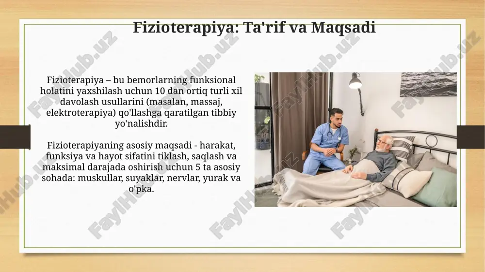 llikning og'irligi va bemorning ahvolini hisobga olgan holda, individual yondashuvni talab qiladi, masalan, og'riqni baholash 1 dan 10 gacha shkala bo'yicha. og'ir bemor parvarishida to'g'ri pozitsiyalash muhim, har 2 soatda o'zgartirish tavsiya etiladi; bu qon aylanishini yaxshilaydi va bosim yaralarining oldini oladi. reabilitatsiya va tiklanish strategiyalari reabilitatsiya strategiyalari erta boshlashni talab qiladi, masalan, 72 soat ichida insultdan so'ng, optimal tiklanish uchun vaqtga sezgir davolashlarni ta'minlash kerak. tiklanishda maqsadga yo'naltirilgan mashqlar muhim, ular neyroplastikani kuchaytiradi. misol uchun, takroriy vazifa mashqlari har kuni 30 daqiqa davomida foydali bo'lishi mumkin. e'tiboringiz uchun rahmat image7.jpg image8.jpg image9.jpg image10.jpg image11.jpg image12.jpg image13.jpg image14.jpg image15.jpg image16.jpg image17.jpg image18.jpg image3.png image4.png