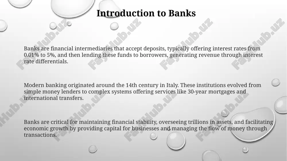 e from various providers, earning commissions on policies sold to customers needing financial protection. role of banks in economic development banks facilitate capital formation by mobilizing savings from the public through deposit accounts, channeling these funds into productive investments, thereby driving economic growth with increased gdp. banks provide crucial credit facilities to businesses, especially smes, enabling them to expand operations, invest in technology, and create jobs, leading to an enhanced economic environment with 5-10% gains. banks play a pivotal role in monetary policy implementation, adjusting interest rates and managing money supply as determined by the central bank, aiming for price stability and sustainable economic development. modern challenges and the future of banking fintech disruption is forcing banks to innovate. integrating blockchain for secure transactions and offering personalized digital experiences are key to attracting younger demographics, who demand 24/7 access. banks face escalating cyber threats, with estimated global losses of $6 …