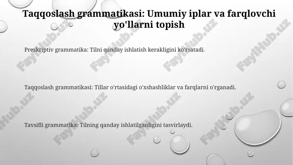 gilaydi. grammatikaning kelajagi: davom etayotgan tadqiqot va rivojlanish preskriptiv grammatika: tilni qanday ishlatish kerakligini belgilaydi. yaratish grammatikasi: tilning qanday paydo bo'lishi va tushunilishiga tushuntiradi. tavsifli grammatika: tilning qanday ishlatilganligini tasvirlaydi. e'tiboringiz uchun rahmat @taqdimot_robot image1.png image2.png image3.png