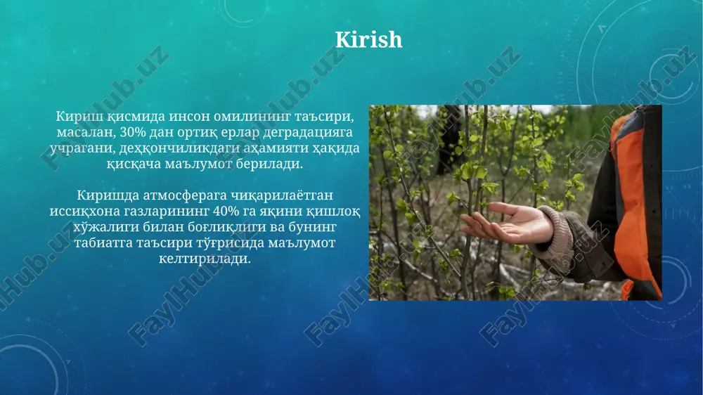 almashlab ekish usulidan foydalanadi, bu esa 15-20% hosildorlikni ko'paytiradi. suvni tejaydigan tomchilatib sug'orish texnologiyasi 30-40% suvni tejaydi, mineral o'g'itlardan foydalanishni optimallashtiradi va o'simliklar kasalliklariga chidamliligini oshiradi. antropogen ta'sirlarni kamaytirish yo'llari qishloq xo'jaligida aniq sug'orishni joriy etish suv resurslaridan foydalanish samaradorligini 30-50% gacha oshiradi va ortiqcha o'g'itlashni kamaytiradi. energiya tejaydigan texnologiyalarga o'tish issiqxona gazlari emissiyasini 20% ga kamaytiradi va hosildorlikni 15% ga oshirishi mumkin. xulosa xulosada, inson faoliyatining ta'siri, jumladan, o'rmonlarning kesilishi va ifloslanish, tuproq sifatini pasaytiradi, bu esa 20-30% gacha hosildorlikning kamayishiga olib kelishi mumkin. dehqonchilikda antropogen omillarning oqibatlarini kamaytirish uchun barqaror amaliyotlar, masalan, almashlab ekish va noorganik o'g'itlardan foydalanishni 40% ga kamaytirish muhimdir. e'tiboringiz uchun rahmat image2.png image5.jpg image6.jpg image7.jpg image8.jpg image9.jpg image10.jpg image11.jpg image12.jpg image13.jpg image14.jpg image15.jpg image16.jpg