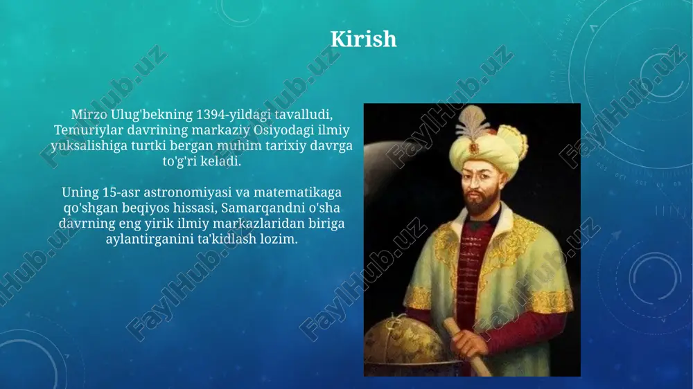 g'bekning samarqand rasadxonasida asosiy rolni o'ynab, astronomik kuzatuvlar va hisoblashlarda muhim ishlarni amalga oshirgan. ulug'bek obrazi adabiyot va san'atda alisher navoiyning “xamsa”sida ulug‘bek obrazi ideal hukmdorning ramzi sifatida gavdalanadi, u adolatli va ilmga homiy podshoh sifatida ta'riflanadi, bu 15-asr adabiyotining muhim namunasi. uyg‘ur teatrida izzat sultonovning “ulug‘bek” dramasi sahnalashtirilgan bo‘lib, unda olimning fojiali hayoti va ilm-fanga sodiqligi, ayniqsa 20-asr o‘rtalarida, yorqin aks etgan. xulosa ulugʻbek davlat arbobi sifatida ilm-fan rivojiga katta hissa qoʻshdi, ayniqsa astronomiya sohasida, samarqand rasadxonasini qurib, zij jadvalini yaratdi. uning davlat boshqaruvi siyosati ilm-fanga qaratilgan edi, bu esa 15-asrda movarounnahrda ilm-fan va madaniyatning yuksalishiga sabab boʻldi. e'tiboringiz uchun rahmat image4.png image2.png image5.jpg image6.jpg image7.jpg image8.jpg image9.jpg image10.jpg image11.jpg