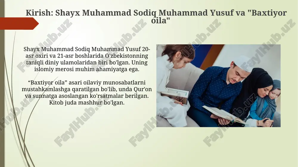 li oila"da qarindoshlar o'rtasidagi munosabatlarni yaxshilash uchun 3 ta asosiy amallar: doimiy xabar olish, erta tashrif buyurish va 5 vaqt namozda ularning haqqiga duo qilish keltirilgan. ahloqiy fazilatlar va oilaviy munosabatlar “baxtli oila” kitobida oilaviy munosabatlarda halollik, adolat va ibrat kabi axloqiy fazilatlarga alohida e’tibor qaratilgan, bu esa barqarorlikni ta’minlaydi. kitobda ota-onaning farzandlar oldidagi mas’uliyati, jumladan, ularga 7 yoshdan boshlab to’g’ri tarbiya berish, 10 yoshdan namoz o’rgatish kabi vazifalar muhim ahamiyatga ega. iqtisodiy masalalar va oila byudjeti “iqtisodiy masalalar va oila byudjeti”da oilaning daromadi va xarajatlarini rejalashtirish, isrofgarchilikka yo'l qo'ymaslik kabi masalalarga e'tibor qaratiladi, bu esa barakali hayot uchun muhimdir. ushbu bo'limda oila byudjetini tuzishning ahamiyati, moliyaviy resurslarni oqilona taqsimlash, 2.5% zakotni to'lash va kelajak uchun jamg'arish kabi amaliy maslahatlar berilgan. oiladagi muammolar va ularni hal etish yo'llari oiladagi nizolarni hal qilishda kechirimli bo'lish va o'zaro hurmatni saqlash muhim, bu 70 martagacha kechirish hadisiga mos keladi. moliyaviy qiyinchiliklar oiladagi muammolarning …