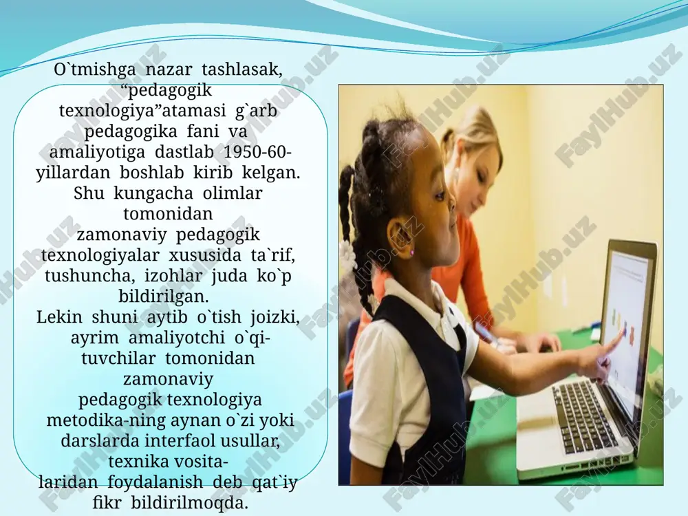 ; ◦kompyuter yordamida o`qitish ◦repetitorlik tizimi; ◦dasturlashtiriladigan boshqaruv. ta’lim oluvchiga yondashuv turi bo`yicha pedagogik texnologiyalar quyidagicha nomlanadi: ◦avtoritar; ◦didaktik yo`naltirilgan; ◦ijtimoiy yo`naltirilgan; ◦antropologik yo`naltirilgan; ◦pedagogik yo`naltirilgan; ◦shaxsga yo`naltirilgan; ◦insonparvarlikka va shaxsga yo`naltirilgan; ◦hamkorlik texnologiyalariga yo`naltirilgan; ◦erkin tarbiyaga yo`naltirilgan; ◦ezoterik ta’lim va tarbiyaga yo`naltirilgan. qo`laniladigan asosiy metod bo`yicha pedagogik texnologiyalar quyidagi turlarga ajratiladi: ◦dogmatik, reproduktiv metod ; ◦tushuntirish, ko`rgazmali; ◦rivojlantiruvchi ta’lim; ◦muammoli, izlanishli; ◦ijodiy metod; ◦dasturlashtirilgan ta’lim metodi ; ◦dialogli metod; ◦o`yin metodi ; ◦o`z-o`zini rivojlantiruvchi ta’lim metodi; ◦axborotli ( kompyuterli) ta’lim metodi pedagogik texnologiya bilan metodika orasidagi farq hozirgi kunda pedagogik texnologiya haqidagi aniq tushuncha va tasavvurlar birmuncha kamligi tufayli, uni xususiy metodikalar bilan deyarli tenglashtirish hollari uchraydi.aslida esa ular orasida jiddiy farqlar mavjud bo`lib, quyida ular haqida qisqacha bayon qilinadi. pedagogik texnologiya – o`quvchini mustaqil o`qishga, bilim olishga, fikrlashga o`rgatishni kafolatlaydigan jarayondir. metodika – o`qituvchining bilimi, ko`nikmasi mahorati, shaxsiy sifatlari, temperamentiga bog`liq bo`lib, ma’lum shaxs o`qituvchi uchun qulay bo`lgan …