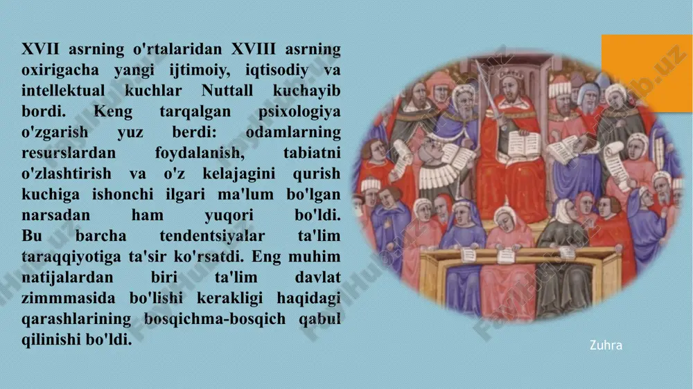 yurgan mashhur maktab internatiga asos soldi. zuhra o'z asarlarining ko'pligiga qaramay, pestalozzi o'z tamoyillari va usullari haqida hech qachon to'liq va tizimli hisobot yozgan deb aytish mumkin emas; uning nazariyalarining konturini uning turli asarlari va ishlaridan chiqarish kerak. ta'lim uning organikligi, ya'ni aqliy, axloqiy va jismoniy tarbiya (yoki uning so'zlari bilan "bosh, yurak va tananing rivojlanishi" deb atalgan bo'lishi kerakligi va "bosh, yurak va tananing rivojlanishi" bo'limlariga jalb qilinishi kerakligini anglatadi. shuningdek insonga xos bo'lgan o'z kuchidir. ta'lim tom ma'noda bu o'z-o'zini kuchini tortib olish, faoliyat orqali qobiliyatlarni rivojlantirish jismoniy sohada qo'l mehnati va mashqlarni rag'batlantirish orqali, axloqiy sohada axloqiy harakatlar odatini rag'batlantirish orqali va intellektual sohada. aniq narsalarni to'g'ri kuzatishda va ular bo'yicha hukm chiqarishda sezgilardan to'g'ri foydalanishga undash. ziyoda ushbu umumiy tamoyillardan ta'lim uslubining muayyan amaliy qoidalariga amal qilindi. birinchidan, tajriba ramziylikdan oldin bo'lishi kerak. bolani hayot haqiqatlari bilan tanishtiradigan ob'ekt darslariga urg'u berilishi kerak. bu darslardan mavhum …