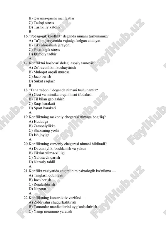 damaslik d) o‘z fikrida turish a 28. konfliktlarning oldini olishda oila qanday rol o‘ynaydi? a) tarbiyaviy muhit yaratadi b) bosim ko‘rsatadi c) ziddiyatni kuchaytiradi d) faqat moddiy yordam beradi a 29. pedagogik konfliktologiyada “agressiya” deganda nima tushuniladi? a) boshqalarga zarar yetkazuvchi xatti-harakat b) muhabbat ifodasi c) jamoaviy o‘yin d) muloqot shakli a 30. konflikt yechimini topish uchun birinchi qadam — a) vaziyatni tahlil qilish b) jazo berish c) aybdorni topish d) sukut saqlash a 31. konfliktning boshlanish nuqtasi qanday ataladi? a) obyekt b) insident c) subyekt d) vaziyat b 32. pedagogik konfliktning subyekti bo‘lishi mumkin bo‘lgan shaxslar: a) o‘qituvchi va o‘quvchi b) faqat ota-onalar c) faqat rahbariyat d) texnik xodimlar a 33. konfliktning ijobiy (konstruktiv) jihati nimada namoyon bo‘ladi? a) o‘zaro tushunishni mustahkamlash b) nizo kuchayishi c) jamoa bo‘linishi d) ishonchning yo‘qolishi a 34. konfliktning destruktiv xususiyati — a) tashabbusni kuchaytiradi b) rivojlanishga turtki beradi c) nizo va salbiy hissiyotlarni …