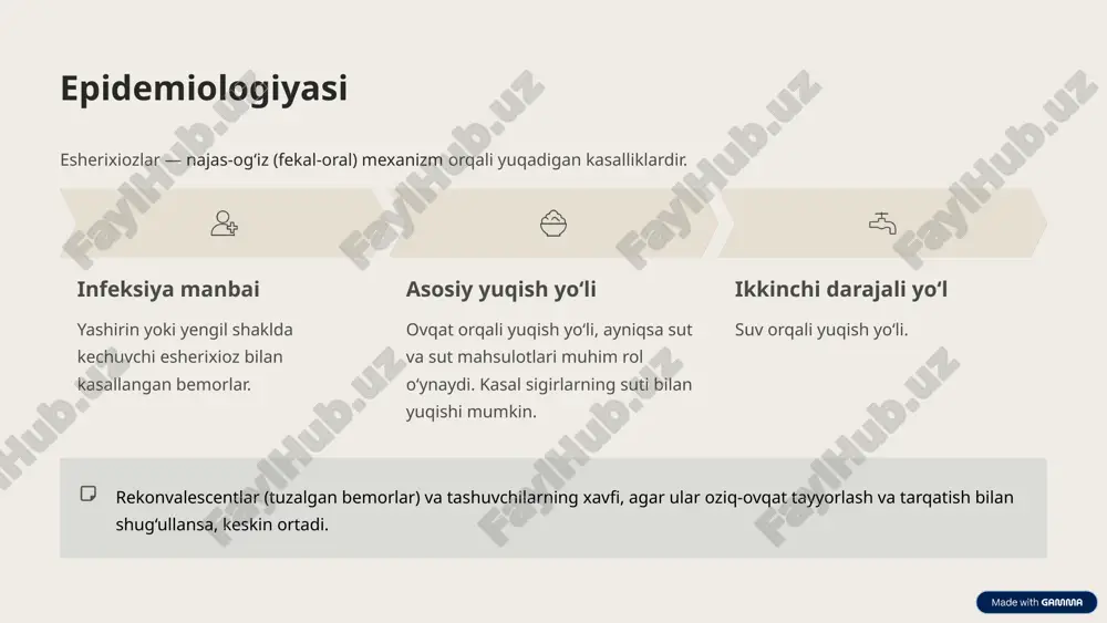 emorning qonidagi antitanachalar titrining 4 martadan ko‘proq oshishi kuzatilsa. differensial diagnostika klinik jihatdan esherixiozni boshqa ichak kasalliklaridan farqlash qiyin. differensial diagnostika quyidagi kasalliklar bilan o‘tkazish zarur: shigellyoz (dizenteriya), salmonellyozning lokal shakllari, boshqa diareyali ichak infeksiyalari. enterotoksigen e. coli (etkp) bilan chaqirilgan esherixioz holatlarida diagnostika xoleradan farqlanishi lozim. epidemiologik ma’lumotlar va bakteriologik tekshiruv natijalari hal qiluvchi ahamiyatga ega bo‘ladi. 7 davolash: umumiy yondashuv va antibakterial terapiya esherixioz bilan kasallangan bemorlarni davolash statsionar sharoitda amalga oshiriladi. yotish rejimi va parhez 1 rejim og‘ir va o‘rtacha og‘ir shakllarda dastlabki 2–3 kun davomida yotish rejimi (postelniy rejim) zarur. 2 parhez (boshlanishda) kuchli ich buzilishi bo‘lsa, 4-raqamli parhez stoli belgilanadi. 3 parhez (tuzalishda) ishtaha paydo bo‘lishi bilan 2-raqamli, kasalxonadan chiqishdan oldin esa 15-raqamli stol tavsiya etiladi. antibakterial vositalar yengil va yashirin shakllar odatda antibiotik yoki kimyoterapevtik vositalarni talab qilmaydi. keng ta’sir doirasiga ega antibiotiklar faqat individual ko‘rsatmalar bo‘yicha buyuriladi. o‘rtacha og‘ir shakllar ko-trimoksazol (2 tab. …