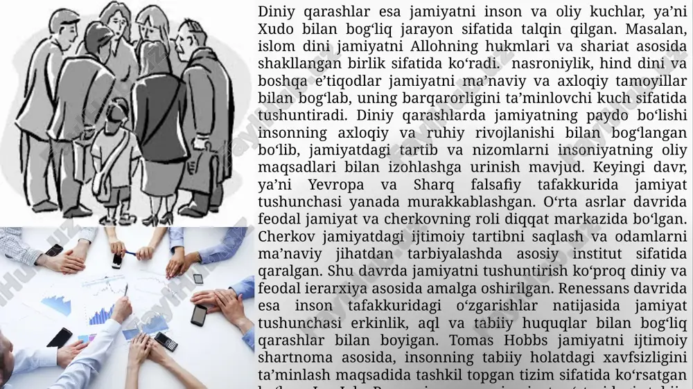 madaniy va ruhiy rivojlanishi bilan ham bog‘langanligi ilmiy asosda yoritilgan. zamonaviy davrda jamiyat tushunchasi yanada murakkablashgan va globalizm, postmodernizm, texnologik taraqqiyot, ijtimoiy tarmoqlar kabi yangi omillar bilan bog‘liq holda rivojlanmoqda. internet va raqamli platformalar jamiyatning shakllanishini yangi bosqichga olib chiqmoqda. demokratik institutlar, inson huquqlari va ijtimoiy adolat masalalari jamiyatning shakllanishida muhim rol o‘ynamoqda. jamiyat endi nafaqat mahalliy, balki global o‘lchamda o‘zaro bog‘liq tizim sifatida talqin qilinmoqda. jamiyat tushunchasining tarixiy rivojlanishini ko‘rib chiqishda qadimgi davr falsafiy qarashlari alohida e’tiborni talab qiladi. platon jamiyatni ideal davlat va adolat tamoyillari bilan bog‘lab, u yerda har bir fuqaro o‘z tabiiy qobiliyatiga muvofiq rol o‘ynashi lozim deb hisoblagan. platonning fikricha, faqat adolat va ma’rifat asosidagi jamiyat barqaror va samarali bo‘lishi mumkin. aristotel jamiyatni insonning tabiiy ehtiyoji bilan bog‘lab, uni o‘zaro manfaatlar va siyosiy birlik orqali tashkil topgan tizim sifatida talqin qilgan. aristotel uchun jamiyatning asosiy maqsadi insonning baxti va ijtimoiy uyg‘unlikni ta’minlashdir. shu tariqa, qadimgi …