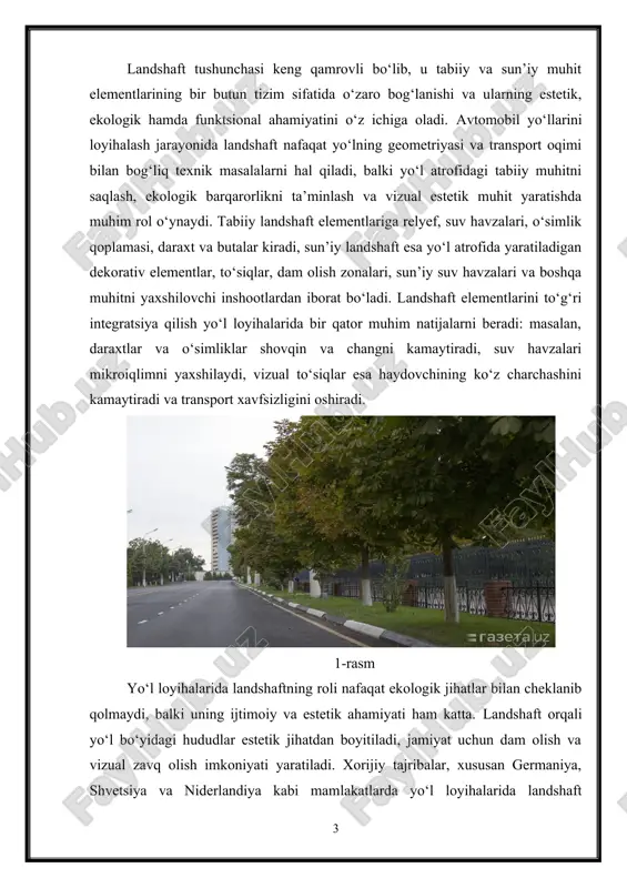 h majburiy normativ talab sifatida belgilangan bo‘lib, ularning asosiy maqsadi yo‘lning texnik samaradorligi bilan birga ekologik barqarorlikni ta’minlashdir. masalan, germaniyada a darajadagi magistral yo‘llarda landshaftni uyg‘unlashtirish orqali transport oqimi bilan tabiiy muhitning muvofiqligi 85% ga oshirilganligi kuzatilgan. landshaft elementlari yo‘l loyihalarida vizual qabul qilishga ham ijobiy ta’sir ko‘rsatadi. yo‘lning o‘rnatilgan geometriyasi, landshaft dizayni bilan uyg‘unlashganda haydovchining e’tiborini yo‘lga qaratish, charchashni kamaytirish va transport hodisalarini kamaytirish imkonini beradi. landshaft elementlarining to‘g‘ri tanlanishi va joylashtirilishi hayvonlar va o‘simlik dunyosini himoya qilishga xizmat qiladi, ekologik muvozanatni saqlashga yordam beradi. tabiiy va sun’iy landshaft elementlarining uyg‘un integratsiyasi nafaqat yo‘lning funktsional samaradorligini oshiradi, balki hududning ekologik, ijtimoiy va estetik qiymatini ham sezilarli darajada yaxshilaydi. avtomobil yo‘llarini loyihalash jarayonida landshaftni hisobga olish nafaqat texnik talab, balki barqaror rivojlanish va ekologik mas’uliyat mezoni sifatida ham qaraladi. landshaft elementlarini yo‘l loyihalariga integratsiyalash jarayonida muhim jihatlardan biri – tabiiy relyefni hisobga olishdir. yo‘lning balandlik profili, egri chiziqlari va qiyaliklari …
