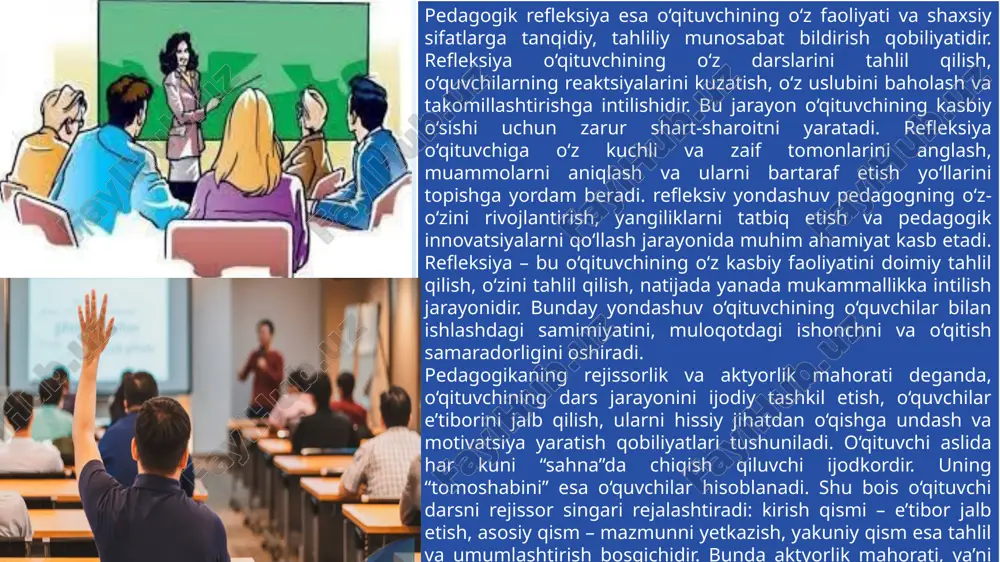ashga undaydi. bu esa darsni jonli, ta’sirchan va samarali qiladi. rejissorlik yondashuv esa o‘qituvchining butun dars jarayonini boshqarish, vaqt taqsimoti, o‘quvchilar e’tiborini ushlab turish va darsni tizimli tarzda yakunlashni ta’minlaydi. shu ma’noda pedagogik faoliyatda san’at bilan ilm uyg‘unlashadi. pedagogik imidj, refleksiya va aktyorlik mahorati bir-biri bilan uzviy bog‘liq. agar o‘qituvchi o‘z imidjiga e’tibor bersa, u o‘quvchilar uchun ishonchli shaxsga aylanadi; agar u refleksiya orqali o‘z faoliyatini tahlil qilsa, kasbiy jihatdan yuksaladi; agar u rejissorlik va aktyorlik mahoratini rivojlantirsa, ta’lim jarayonini jonli va samarali qiladi. shu tariqa, zamonaviy o‘qituvchi — bu faqat bilim beruvchi emas, balki sahna ustasi, psixolog, tahlilchi va ijodkor shaxsdir. pedagogik texnikaning tarkibiy elementlari jadval pedagogik imidj, refleksiya va aktyorlik mahorati o‘qituvchining kasbiy faoliyatida bir butun tizim sifatida namoyon bo‘ladi. bu tizimda har bir unsur o‘zaro bog‘liq va bir-birini to‘ldirib turadi. o‘qituvchi o‘z imidjini shakllantirish orqali o‘quvchilarda ijobiy taassurot uyg‘otadi, ularning ishonchini qozonadi. shu ishonch muhitida samarali o‘qitish …