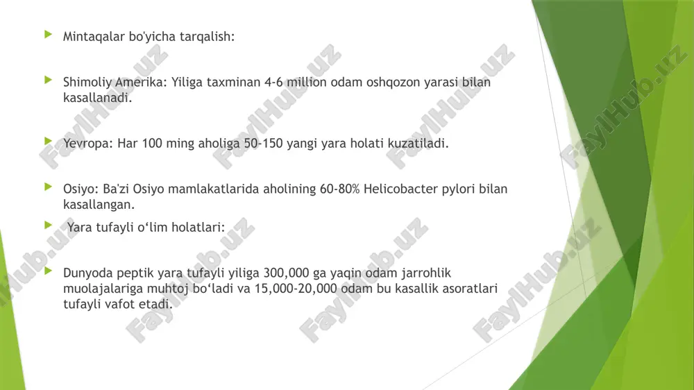 bakteriyaning gigiena qoidalariga rioya qilinmasligi natijasida tarqalishi oshqozon yarasi rivojlanishiga sabab bo‘ladi. quyida oshqozon yarasi uchun asosiy gigienik xavf omillari keltirilgan: 1. toza ichimlik suvining yetishmasligi iflos suv h. pylori bakteriyasining tarqalishiga olib keladi. rivojlanmagan yoki yetarlicha toza ichimlik suvi bo‘lmagan hududlarda infeksiya yuqori darajada bo‘lishi mumkin. bu infeksiyaning og‘iz orqali tushishi natijasida oshqozon yarasi rivojlanadi. 2. ovqat va oziq-ovqat gigienasiga rioya qilmaslik gigiena qoidalariga rioya qilinmasdan tayyorlangan ovqat h. pylori va boshqa mikroblar bilan ifloslanishi mumkin. oziq-ovqat bilan bog‘liq gigiena qoidalariga rioya qilmaslik, masalan, qo‘llarni yuvmasdan ovqatlanish yoki noto‘g‘ri saqlangan oziq-ovqat iste’mol qilish, infeksiyaga olib kelishi mumkin. 3. oshxona va idish-tovoq gigienasiga e'tiborsizlik umumiy idish-tovoqlarni va oshxona anjomlarini ko‘p odamlar foydalanadigan joylarda, masalan, jamoat ovqatlanish joylarida, to‘liq tozalanmagan idishlar orqali h. pylori osongina tarqalishi mumkin. 4. shaxsiy gigienaga rioya qilmaslik qo‘llarni toza suv va sovun bilan muntazam yuvmaslik h. pylori infeksiyasini yuqori xavfga olib keladi. ayniqsa, ovqatlanishdan oldin va …
