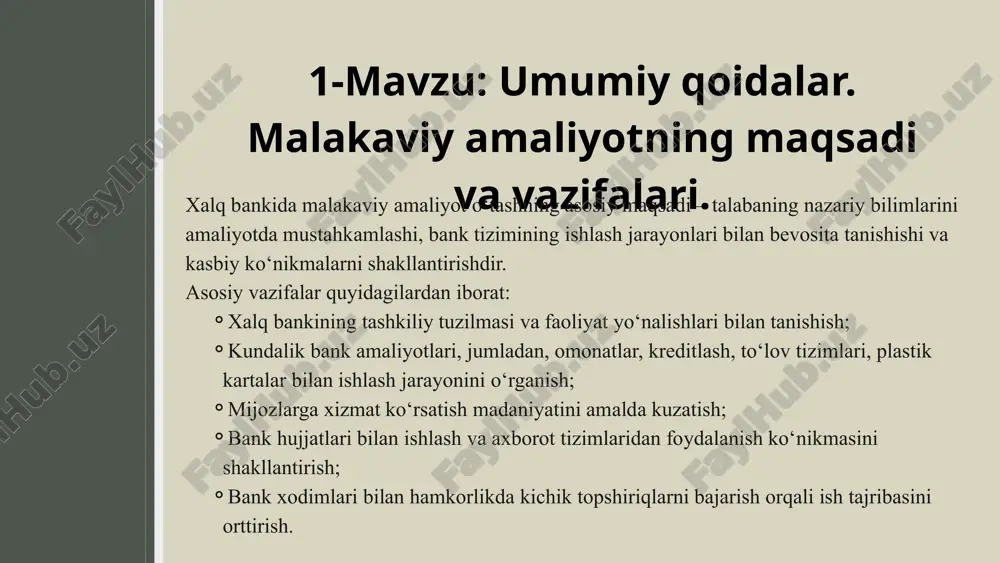 ni va kredit tarixini tekshiradi; zarur hujjatlar (pasport, daromad to‘g‘risidagi ma’lumotnoma, kafillik) qabul qilinadi; shartnoma tuzilib, mablag‘ mijozning kartasiga o‘tkaziladi. xalq banki “iste’mol krediti”ni 3 yildan 5 yilgacha muddatda, qulay foiz stavkalarda taklif etadi. bu xizmat aholining moliyaviy imkoniyatlarini kengaytiradi. 5-mavzu: iste’mol kreditini berish tartibini o‘rganish xalq banki aholiga uy-joy xaridi, qurilish va ta’mirlash ishlari uchun ipoteka kreditlarini taqdim etadi. talab qilinadigan hujjatlar: pasport yoki id karta; ish joyidan daromad to‘g‘risidagi ma’lumotnoma; garovga qo‘yiladigan uy yoki yer hujjatlari; oilaviy holat to‘g‘risidagi ma’lumotnoma; ariza va ipoteka shartnomasi. xalq banki ipoteka kreditlarini davlat dasturlari asosida, arzon foiz stavkalarda ajratadi. shuningdek, yosh oilalar uchun imtiyozli shartlar ham mavjud. 6-mavzu: ipoteka kreditini olish uchun talab qilinadigan hujjatlarni o‘rganish 7-mavzu: overdraft kreditini rasmiylashtirish tartibi xalq bankida overdraft xizmati jismoniy va yuridik shaxslar uchun mo‘ljallangan bo‘lib, mijozning hisobida mablag‘ yetarli bo‘lmaganda ham to‘lovni amalga oshirish imkonini beradi. rasmiylashtirish bosqichlari: mijoz bilan overdraft shartnomasi tuziladi; bank to‘lov …