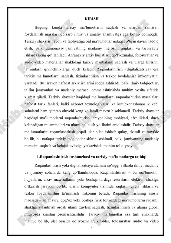 at yoki foto uchun uning ismi, tug‘ilgan va vafot etgan sanasi, faoliyat sohasi va asosiy voqealar tavsifi kiritilishi mumkin. shu tarzda yaratilgan raqamli bazalar ilmiy tadqiqotlar, ta’lim jarayonlari va madaniy merosni ommalashtirishda samarali vosita sifatida xizmat qiladi. tarixiy ma’lumotlarni raqamlashtirishning yana bir afzalligi – ularni global miqyosda ulashish imkoniyatidir. raqamli formatdagi ma’lumotlar internet orqali butun dunyo foydalanuvchilari uchun ochiq bo‘lishi, elektron kutubxonalar, ilmiy resurslar va virtual arxivlar orqali izlanishlar olib borishga yordam beradi. bu esa, o‘z navbatida, tarixiy shaxslar faoliyatini o‘rganish jarayonini soddalashtiradi, ilmiy ishlar sifatini oshiradi va tarbiyaviy ishlarda qo‘llanish imkoniyatini kengaytiradi. raqamlashtirish jarayoni tarixiy ma’lumotlarning saqlanish muddatini uzaytiradi. an’anaviy qog‘oz hujjatlar vaqt o‘tishi bilan buzilishi yoki yo‘qolib ketishi mumkin. raqamli format esa ushbu muammolarni bartaraf etadi, ma’lumotlarni xavfsiz saqlash, zaxira nusxalarini yaratish va turli texnologik vositalar orqali ularni tiklash imkonini beradi. raqamlashtirish jarayoni tarixiy shaxslar haqidagi ma’lumotlarni keng auditoriya uchun tushunarli va interaktiv shaklda taqdim etish imkoniyatini yaratadi. …