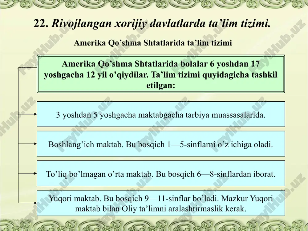 susiy, 1-toifadagi universitetlarda har bir o’qituvchiga 8 nafar, 2-toifali universitetlarda esa 20 tadan talaba to’g’ri keladi. universitetlarga qabul qilish ikki bosqichga bo’linadi: 1-bosqichi turar joyda o’tkaziladi: buning uchun yapon, eski yapon tili, matematika, fizika, ximiya, jamiyatshunoslik, tarix bo’yicha test sinovlaridan o’tadilar. bu sinovlardan o’tgan o’quvchilar universitetlarga yo’llanma oladilar va yana sinovdan o’tadilar. xususiy universitetlarga esa to’g’ridan-to’g’ri test topshiriladi. bir qator xususiy universitetlar o’zining uzluksiz shaxobchasiga esa (bog’chadan boshlab hamma bosqichlarni qamrab oladi). universitetdan talabalarni haydab yuborish mumkin emas. lekin o’qish muddatini cho’zish mumkin (4 yillik o’qish 5-6 yilgacha cho’zilib ketishi mumkin). kollejlar: 1-kichik kollej; 2-texnik kollej 3-maxsus kollejlarga bo’linadi. uni bitirgan talabalar bakalavr diplomini oladi va universitetning 3 yoki 4 kurslariga qabul qilinadi. janubiy koreyada ta’lim tizimi mamlakatda oliy o’quv yurtlarining ishlari yaxshi yo’lga qo’yilgan. koreyada 104 ta oliy o’quv yurti bor, ularning 80 foizi xususiydir. hozir mamlakatda oliy o’quv yurtlarida o’qishga qiziqish juda kuchayib ketgan. har yili maktablarni bitiruvchilarning …