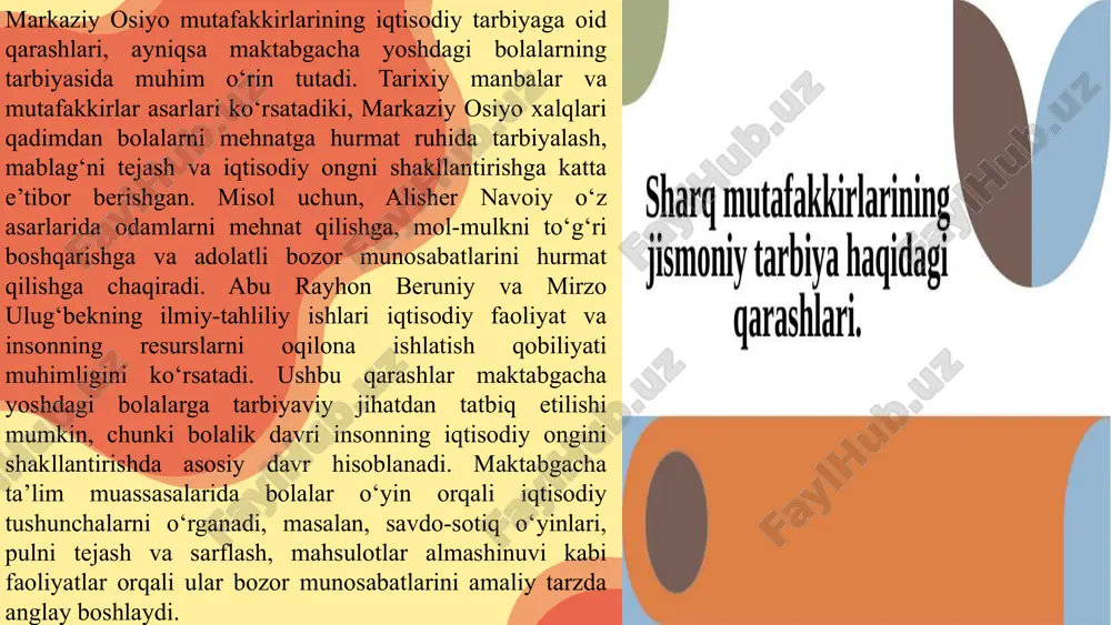 lar nafaqat iqtisodiy tushunchalarni o‘zlashtiradi, balki muloqot va ijtimoiy ko‘nikmalarini ham rivojlantiradi. bu o‘yinlar orqali bolalar moliyaviy operatsiyalarni nazariy emas, balki amaliy tarzda o‘rganadi, shuningdek, mas’uliyat, rejalashtirish va qaror qabul qilish qobiliyatlarini rivojlantiradi. shu tariqa, bolalar iqtisodiy faoliyatning oddiy mexanizmlari bilan tanishib, kelajakda iqtisodiy mas’uliyatni to‘g‘ri anglashga tayyor bo‘ladilar. designed by slidescarnival maktabgacha yoshdagi bolalarda iqtisodiy tarbiyani shakllantirish jarayoni murakkab va ko‘p qirrali bo‘lib, u bolalarning individual xususiyatlari, oilaviy tarbiya va pedagogik muhit bilan chambarchas bog‘liqdir. shu bois, pedagoglar bolalarning yoshiga mos metodlar, o‘yin va amaliy faoliyatlarni tanlash orqali iqtisodiy tushunchalarni o‘zlashtirishini ta’minlashlari zarur. masalan, “bozor o‘yini”da bolalar turli mahsulotlarni sotadi va xarid qiladi, shu bilan birga pul qiymati, tejash va xarid qilish tartibi, foyda va zarar tushunchalarini amaliy tarzda o‘rganadi. bu o‘yin nafaqat iqtisodiy bilimni oshiradi, balki bolalarda muloqot, hamkorlik va ijtimoiy ko‘nikmalarni rivojlantiradi. bolalarni mehnatga jalb qilish orqali iqtisodiy tarbiya samaradorligini oshirish mumkin. misol uchun, bog‘dorchilik, kichik san’at …