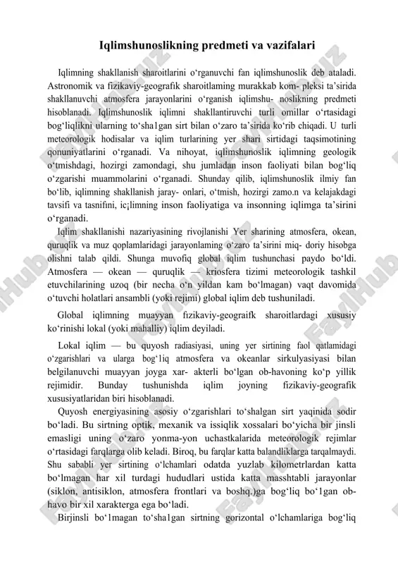 6. inson faoliyatining turli tarmoqlarini ta’min1ash, shuningdek ob- havoning uzoq muddatli prognozlañ uchun iqlim xarakteristikalarini yetkazib berish. iqlimshunoslikning tadqiqot usullari kuzatish va meteorologik stansiyalarning o’lchash ma’lumotlarini yig’ish usuli. iqlimshunoslik muammolarini hal qilish uchun kuzatilgan meteor- ologik kattaliklar va hodisalarning tızun qatorlari eng katta aharniyatga ega. bu ma’noda meteorologik stansiyalarni tashkil etish, ularni bir xi1 uskunalar va kuzatish uslubiyatlari bo‘yicha ko‘rsatmalar bilan ta’min1ash, ma’1umot1arni yig‘ish, nazorat qihsh va tarqatish asosiy majburiyati hisoblan- gan markaziy meteorologik muassasalarning paydo bo‘1ishi iqlimshunoslik- ning rivojlanishida yirik bosqich bo‘ldi. bu maqsadda peterburgda 1849 yilda bosh fizik observatoriya (hozir kunda a.i.voyeykov nomidagi bosh geofızik observatoriya) tashkil etil- gan. rossiya kabi bepoyon mamlakatning barcha meteorologik ishlarini boshqarish majburiyati yuklangan bu observatoriya jahonda dastlabki marka- ziy meteorologik muassasa edi. 1851 yilda avstriyada, 1855 yilda buyuk britaniyada, 1870 yilda aqshda, 1878 yilda fransiyada markaziy meteor- ologik institutlar tashkil etildi. shunday qilib, xix asrning iltkinchi yarmida bir xi1 uskunalar bilan ta’minlangan …
