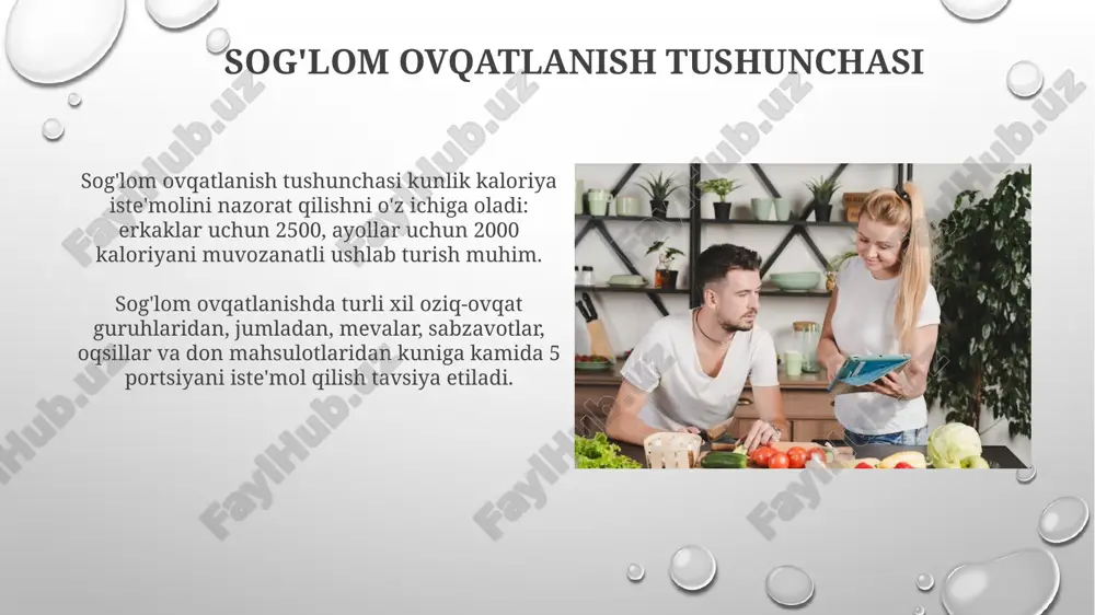 00-1500 kaloriya me'yorni ushlab turish muhim. ko'plab dietalarda makronutrientlar (protein, uglevod, yog'lar) nisbati noto'g'ri bo'lishi mumkin, bu esa 40% uglevod, 30% protein va 30% yog' ideal balans emas. sog'lom ovqatlanish bo'yicha tavsiyalar va xulosalar sog'lom ovqatlanishda kuniga kamida 400 gramm meva va sabzavot iste'mol qilish, bu esa 5 porsiyaga teng, muhim vitamin va minerallarni ta'minlaydi. tuz, shakar va yog'larni me'yorida iste'mol qilish tavsiya etiladi; kunlik tuz miqdori 5 grammdan, qo'shilgan shakar esa 25 grammdan oshmasligi kerak. e'tiboringiz uchun rahmat image2.png image5.jpg image6.jpg image7.jpg image8.jpg image9.jpg image10.jpg image11.jpg image12.jpg image13.jpg image14.jpg image15.jpg image16.jpg image3.png