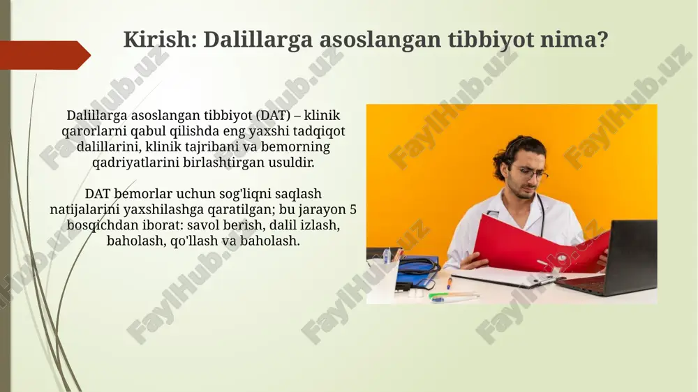 uchun agree ii kabi 23 ta elementdan iborat baholash asboblaridan foydalanishni oʻz ichiga oladi. grade tizimi klinik tavsiyalarning sifatini baholashda muhim rol oʻynaydi, natijalarning ishonchliligini 4 daraja (yuqori, oʻrta, past, juda past) orqali aniqlaydi. dalillarni klinik amaliyotga tatbiq etish muammolari klinik ko'rsatmalarga rioya qilish 50% dan 70% gacha o'zgarib turadi, sababi ularni amaliyotga joriy etishdagi qiyinchiliklar va doktorlarning qarshiligi. davolash xarajatlari 20% gacha oshishi mumkin, sababi yangi dalillarni qo'llash qimmatroq diagnostika va davolash usullarini talab qilishi mumkin. dalillarga asoslangan tibbiyotning afzalliklari va kamchiliklari dalillarga asoslangan tibbiyot (dat) natijalarni yaxshilaydi: 30% gacha samaradorlik oshishi kuzatilgan, ayniqsa, yurak-qon tomir kasalliklarida diagnostika aniqligi ortadi. dat xarajatlarni kamaytirishi mumkin, ammo, yangi texnologiyalarga investitsiyalar bilan bog'liq dastlabki xarajatlar 15% ga ko'payishi mumkin, o'rtacha hisobda. xulosa: tibbiy amaliyotda dalillarga asoslangan tibbiyotning roli dalillarga asoslangan tibbiyot, 1990-yillarda rivojlanib, klinik qarorlarni tadqiqot natijalari bilan birlashtiradi va 70% gacha diagnostika aniqligini oshiradi. meta-tahlil va cochrane kutubxonasi kabi resurslar 500 …