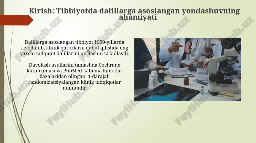 aytirish dat afzalliklari tibbiyotda xatolarni kamaytirish uchun diagnostika jarayonlarini standartlashtirish, har bir bemor uchun aniq va ishonchli 95% natijalarni ta'minlaydi. elektron tibbiy yozuvlar datning bir qismi sifatida 70% xatolarni kamaytiradi, ma'lumotlarni tezkor baholash va samarali qaror qabul qilish imkoniyatini beradi. datga to'siqlar va ularni bartaraf etish yo'llari ma'lumotlarga to'siqlar kiritish 75% gacha klinik qaror qabul qilishda xatolikka olib kelishi mumkin; yechim: elektron sog'liqni saqlash yozuvlarida standratlashtirilgan terminologiyadan foydalanish. ma'lumotlarga to'siqlarni minimallashtirish uchun integratsiyalashgan qarorlar qabul qilish tizimlarini joriy etish kerak, bu esa tadqiqot va amaliyot o'rtasidagi tafovutni 50% gacha kamaytirishi mumkin. xulosa: tibbiyotning kelajagi - dalillarga asoslangan yondashuv kelajakda dori-darmonlar genomika va proteomika ma'lumotlaridan foydalanish orqali har bir bemor uchun 99% aniqlikdagi shaxsiy davolash usullarini ishlab chiqadi. sun'iy intellekt (si) asosida yaratilgan tizimlar 95% aniqlik bilan rentgen va kt tasvirlarini tahlil qilib, radiologlarga kasallik tashxisini qo'yishda yordam beradi. e'tiboringiz uchun rahmat image1.png image2.jpg image3.jpg image4.jpg image5.jpg image6.jpg image7.jpg image8.jpg image9.jpg …