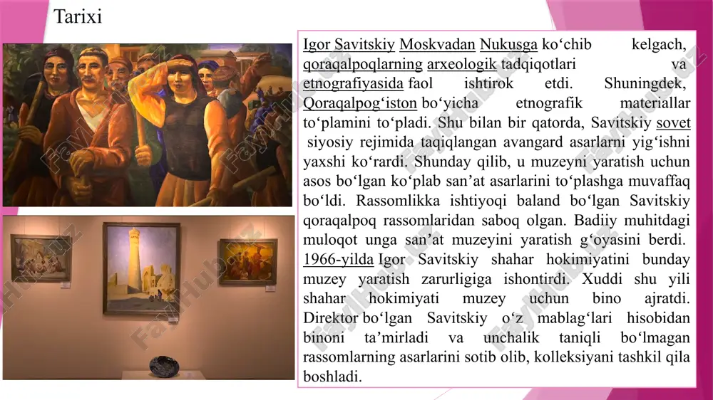 nd shaharlarida boʻlib oʻtgan „oʻzbekiston madaniy merosi – xalqlar va mamlakatlar oʻrtasidagi muloqotga yoʻl“ i xalqaro ilmiy-madaniy kongressida taqdim etilgan 2017-yilning fevral oyida muzeyga oʻzbekiston badiiy akademiyasi qoraqalpogʻiston boʻlimining sobiq raisi, rassom jollibay izentayevning qizi gulbahar izentayeva rahbarlik qilgan. 2018-yil iyul oyida muzeyning yongʻindan himoya qilish tizimi toʻsatdan ishga tushdi. sprinkler buzildi va natijada avangard rassomi aleksandr shevchenkoning 1914-yildagi „chelakli ayol“ kartinasi olti soat davomida suv ostida qoldi. rasmni qayta tiklash moskvadan kelgan mutaxassislar tomonidan amalga oshirildi. 2019-yil boshida kartinaga zarar yetkazganlikda ayblangan izentaeva ishdan boʻshatilib, oʻzbekiston madaniyati va sanʼatini rivojlantirish jamgʻarmasi muzey direktori lavozimiga tanlov eʼlon qilgan edi. 2019-yil iyul oyida tigran mkrtichev muzey direktori lavozimini egallash boʻyicha xalqaro tanlov gʻolibi boʻldi. babanazarova mkrtychev nomzodini qoʻllab-quvvatladi va yangi tayinlanishdan mamnunligini bildirdi. mkrtychev 2021-yil yanvar oyidan boshlab muzey direktori lavozimiga kirishdi. 2022-yilda mktychev mizdaxqonning qadimiy inshootlari arxeologik majmuasi muzey filiali va ochiq osmon ostidagi sayyohlik yodgorligiga aylanishini eʼlon qildi. shuningdek, …