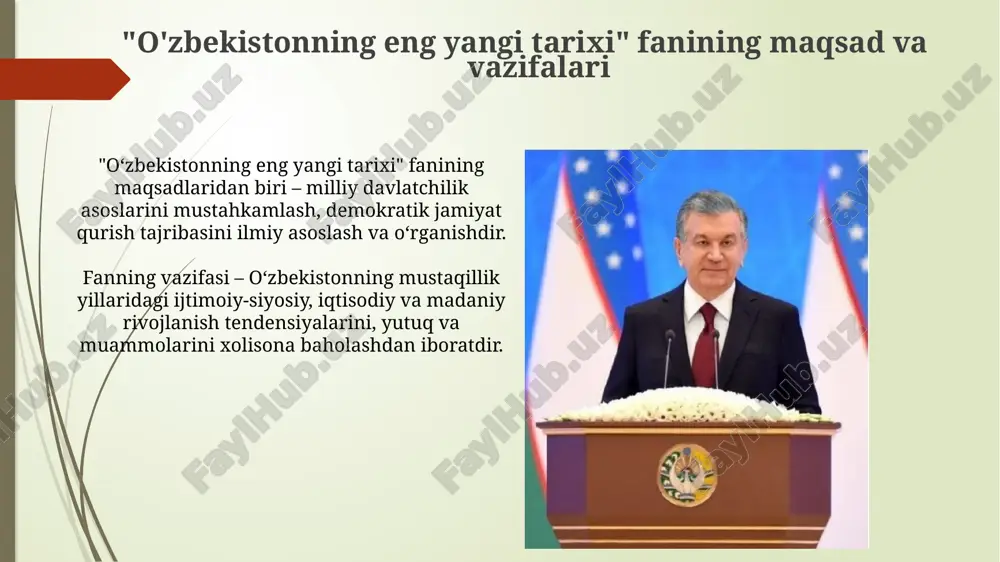 kichik guruhlarda ishlash metodi, talabalarning 90% dan ortig'ini o'quv jarayoniga faol jalb etish, ularning fikrlash qobiliyatini 45% ga oshirishga yordam beradi. fanni o'rganishning ahamiyati yangi oʻzbekistonning strategik rivojlanish maqsadlari va "2022–2026-yillarga moʻljallangan taraqqiyot strategiyasi" kabi muhim davlat dasturlari bilan chuqur tanishishda fan yordam beradi. fan, mustaqillikning dastlabki yillaridan boshlab oʻzbekistonning ijtimoiy-siyosiy, iqtisodiy va madaniy sohalarida amalga oshirilgan tub islohotlarni tahlil qilish uchun zarur. e'tiboringiz uchun rahmat image1.png image2.jpg image3.jpg image4.jpg image5.jpg image6.jpg image7.jpg image8.jpg image9.jpg image10.jpg image11.jpg image12.jpg