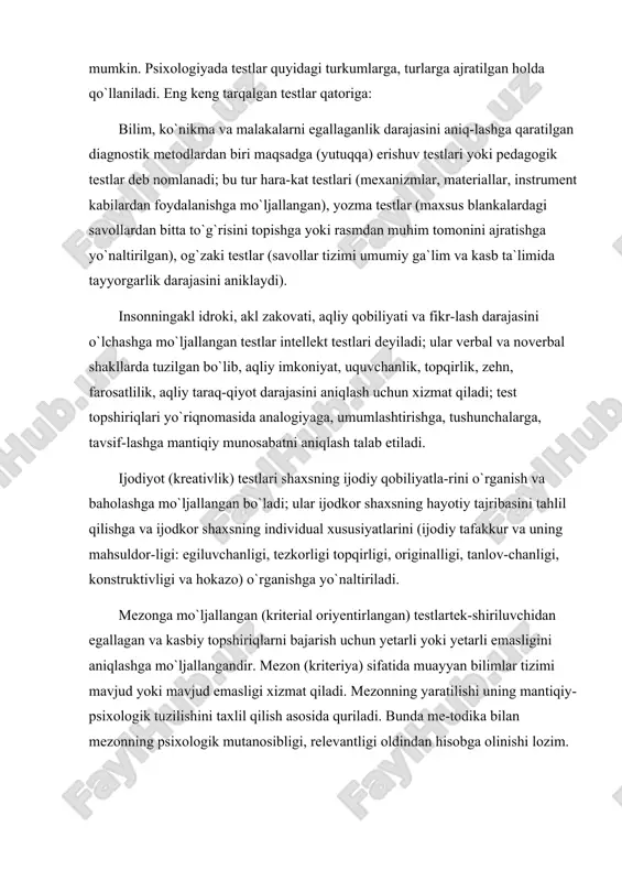 vjud yoki mavjud emasligi xizmat qiladi. mezonning yaratilishi uning mantiqiy-psixologik tuzilishini taxlil qilish asosida quriladi. bunda me-todika bilan mezonning psixologik mutanosibligi, relevantligi oldindan hisobga olinishi lozim. shaxsga oid yoki shaxslilik testlari: shaxsning ustanovkasi, qadriyatlarga munosabati, emotsional holatlari, motivatsiyasi, shaxs-lararo munosabatdagi sifatlari, xulq-atvorining tipik shakllari va hokazolarni o`rganishga, o`lchashga, aniqlashga yordam beradi. ular shaxsni o`rganish shkalalari, so`rovnomalari va bilim jarayonlarini o`lchash, baholash, o`zini o`zi baholashga yo`naltirilgan bo`ladi. shu-ningdek, subyektivlikni aks ettiruvchi tekstlar tizimini ham qam-rab oladi. proyektiv testlar (lotincha rgospevglo oldinlab, ilgarilab namoyon etish ma`nosini bildiradi): proyeksiya natijalarini psixo-logik talqin qilishga asoslangan shaxsni yaxlit o`rganishga qaratil-gan metodlar majmuasi proyektiv testlar deyiladi. psixologik himo-yalanishdan tashqari, favquloddagi vaziyatda individualligini o`ziga xos namoyish etish kabilarda mujassamlashadi. bunday testlar tur-kumi assotsiativ (tugallanmagan gaplar yoki hikoya), ekspressiv (psi-xodrama, o`yinlar, ishbilarmandlik o`yinlari, sotstrening, erkin mavzuda rasm chizish) turlariga ajratiladi. shaxsning ichki dunyosi mohiyatini subyektning shaxsan o`zi to`laroq namoyish etishga xizmat qiladi. shunday qilib, testlar qatoriga yutuqqa (maqsadga) …