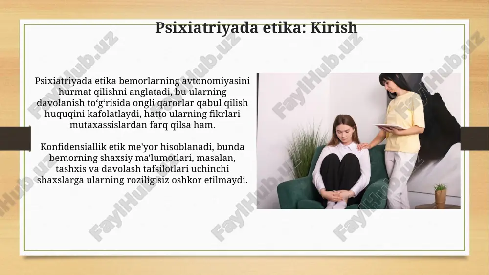 mpaniyalari tomonidan kamsitishning oldini olish uchun juda muhimdir. stigmaga qarshi kurash strategiyalari: ta'lim va targ'ibot ruhiy kasalliklar haqida 101 ta'lim dasturlari noto'g'ri tushunchalarni tuzatish va empatiyani oshirish orqali stigma darajasini 25% kamaytirishi mumkin. omma uchun mo'ljallangan 360 graduslik targ'ibot kampaniyalari, jumladan tv reklama roliklari, ijtimoiy tarmoqlar va gazetalar, xabardorlikni oshirishi aniq. ommaviy axborot vositalarining roli va mas'uliyati ommaviy axborot vositalari ruhiy kasalliklar haqida noto'g'ri ma'lumot tarqatmaslik mas'uliyatiga ega, aks holda stigma 30% ga oshishi va davolanish imkoniyati kamayishi mumkin. oav psixiatriya sohasidagi ekspertlar bilan hamkorlik qilib, 85% hollarda aniq faktlar va 15% hollarda shaxsiy fikrlarni yetkazish orqali bilimni oshirishi kerak. psixiatriyada etika va stigmani yo'qotish bo'yicha xulosalar va tavsiyalar psixiatriya sohasida axloqiy muammolar tahlili shuni ko'rsatdiki, 60% hollarda bemorlarning huquqlari buzilgan, stigmatizatsiya esa davolanish samaradorligini 30% ga kamaytirgan. psixiatriyada etikani mustahkamlash uchun sog'liqni saqlash xodimlari uchun majburiy 24 soatlik etik treninglar o'tkazish va anonim shikoyat mexanizmlarini joriy etish zarur. e'tiboringiz …