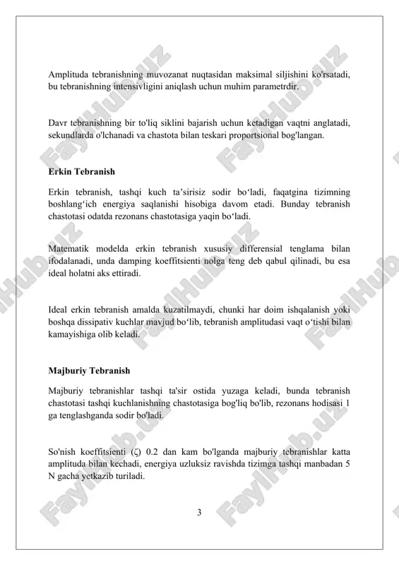 r. bir darajali erkinlik sistemalari tabiiy chastotaga (ωn = √(k/m)) ega bo'lib, bu chastotada tizim tashqi ta'sirsiz tebranadi, bu esa rezonans hodisasini tushuntiradi. ko'p darajali erkinlik sistemalari ko'p darajali erkinlik sistemalari n murakkab harakatlarni ifodalaydi; masalan, 3 darajali erkinlik sistemasi 3 ta alohida tebranish modosiga ega bo'lishi mumkin. rezonans chastotalari ko'p darajali erkinlik sistemalarida muhim, chunki ular sistemadagi tebranish amplitudasini sezilarli darajada oshirishi mumkin bo'lgan n chastotalardir. bog'langan osilatorlar ko'p darajali erkinlik sistemasining tipik namunasidir, bunda energiya 2 ta yoki undan ortiq osilatorlar o'rtasida uzatilishi mumkin, bu esa murakkab harakatga olib keladi. garmonik qo'zg'alish garmonik qo'zg'alish sinusoidal tebranish bo'lib, u vaqt o'tishi bilan tekis o'zgaradi va uning matematik ifodasi a*sin(ωt + φ) shaklida bo'ladi, bu yerda a - amplituda. garmonik qo'zg'alishning chastotasi (f) va davri (t) o'rtasida teskari bog'liqlik mavjud: f = 1/t. chastota gertsda (hz) o'lchanadi, bu sekundiga 1 tebranish demakdir. garmonik qo'zg'alishning fazasi (φ) tebranish boshlang'ich holatini belgilaydi. …