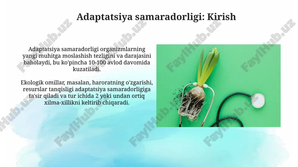 ) tarqalish xavfini oshiradi hamda biologik xilma-xillikning yo'qolishiga olib keladi. kasalliklarning biogeografik tarqalishi kasalliklarning biogeografik tarqalishi ma'lum bir hududda 1000 ga yaqin yuqumli kasalliklar tarqalishini ko'rsatadi, bunda iqlim va geografik omillar muhim rol o'ynaydi. turli geografik mintaqalarda 500 dan ortiq vektorlar orqali tarqaladigan kasalliklar, masalan, bezgak, deng virusi, biologik xilma-xillik va ekotizim xizmatlari bilan chambarchas bog'liq. adaptiv boshqaruv va kasalliklarni nazorat qilish adaptiv boshqaruv kasallik tarqalishini oldini olish uchun monitoring va prognozlash tizimlariga asoslangan erta ogohlantirish signallaridan foydalanadi. misol uchun, erta aniqlash orqali 20% kasallik yukini kamaytirish mumkin. kasalliklarni nazorat qilishda adaptiv boshqaruv usullari bioxilma-xillikni saqlash orqali vektorlar sonini kamaytirishga qaratilgan. bu 30% ga vektor-bog'liq kasalliklar tarqalishini kamaytirishi mumkin. adaptatsiya samaradorligini baholash usullari adaptatsiya samaradorligini baholashda fenotipik plastinklik indeksi (fpi) qo'llaniladi, bu turli muhitlarda o'zgaruvchan fenotipik xususiyatlarni 0 dan 1 gacha baholaydi. fiziologik adaptatsiyani baholash usullariga metabolik tezlikni o'lchash, suv balansini aniqlash va stress gormonlari (kortizol) darajasini tahlil qilish kiradi. …