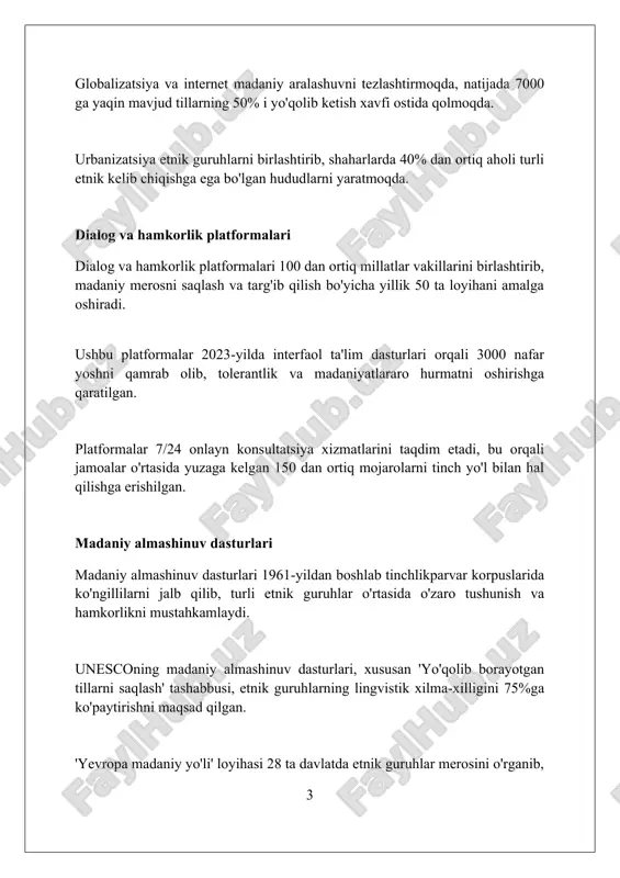 qali tadbirkorlikni qo'llab-quvvatlash orqali iqtisodiy integratsiyani rag'batlantirish, shu bilan ijtimoiy inklyuzivlikni mustahkamlash zarur. nizolarni hal etishning yangi yondashuvlari transformatsion vositachilik nizolarni hal etishda tomonlar o'rtasida o'zaro tushunishni chuqurlashtirishga qaratilgan, bunda 3 asosiy bosqich amalga oshiriladi. “do'stona doiralar” usuli 5-10 kishilik guruhlar o'rtasida empatiyani rivojlantirish orqali nizolarni hal qilishga ko'maklashadi, bu erda shaxsiy hikoyalar muhim rol o'ynaydi. nizolarni hal etishda “haqiqatni aniqlash komissiyalari” 1974-2024 yillar davomida sodir bo'lgan xatolarni aniqlab, ijtimoiy adolatni tiklashga xizmat qiladi. yoshlarning ishtiroki va faolligi yoshlar o'rtasida interaktiv forumlar tashkil etish, ularning faolligini oshirish uchun, kamida 50 nafardan iborat guruhlarni jalb qilib, onlayn platformalarda debatlar o'tkazish lozim. yoshlarning loyihalarida 30% ko'proq interetnik hamkorlikni rag'batlantirish, ularning ijtimoiy faolligini oshirish uchun grantlar va imtiyozli dasturlar yaratish muhim. yoshlarning faolligi uchun 2024-yilda "do'stlik ko'prigi" kabi maxsus dasturlar ishlab chiqish, bunda turli millat vakillari o'rtasida 10 dan ortiq tadbirlar o'tkazish rejalashtirilgan. etnik tashkilotlarning roli etnik tashkilotlar, masalan, “do'stlik” jamiyati, 100 dan …
