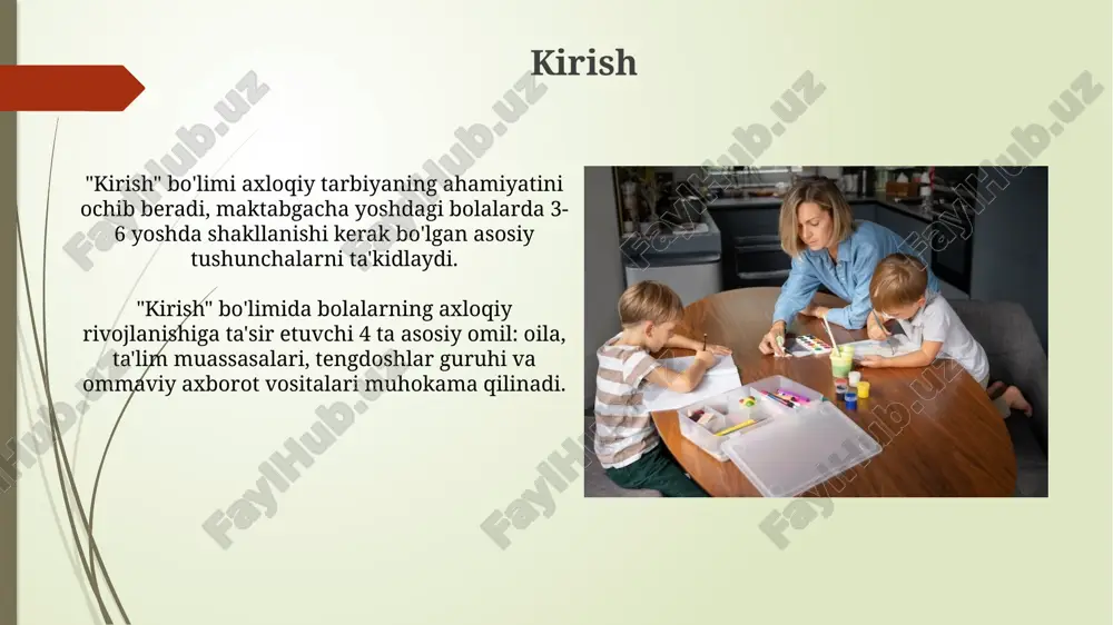 va navbat bilan ishlashni o'rganadilar. ota-onalar bilan hamkorlik ota-onalar bilan hamkorlik, bolalarning axloqiy rivojlanishiga yo'naltirilgan 1-maqsad, erta yoshdagi bolalar uchun axloqiy me'yorlar va qadriyatlarni shakllantirishga ko'maklashadi. maktabgacha ta'lim muassasalari ota-onalar bilan turli xil 2-tadbirlar orqali hamkorlik qiladi: ota-onalar majlislari, maslahatlar va treninglar, oilaviy loyihalar va ochiq eshiklar kunlari. pedagogning roli pedagog tarbiyaviy jarayonda erta yoshdagi bolalarga 10 ta asosiy axloqiy qadriyatlarni singdirish, shaxsiy namuna orqali ibrat ko'rsatish rolini bajaradi. pedagogika, 3 yoshdan 6 yoshgacha bo'lgan bolalarni tarbiyalashda, 5 ta asosiy axloqiy tamoyilni, masalan, adolat va hurmatni o'rgatish uchun metodik qo'llanmalarni taqdim etadi. axloqiy tarbiya uchun vositalar (kitoblar, o'yinchoqlar, materiallar) ertak kitoblar axloqiy darslar uchun ajoyib vositadir, chunki ular 3-6 yoshli bolalarga yaxshilik va yomonlik tushunchalarini sodda hikoyalar orqali tushuntiradi. axloqiy o'yinchoqlar, masalan, 4 dona qo'g'irchoqlar oilasi, bolalarga 2 ta bola o'rtasida o'zaro hurmat va hamkorlikni o'rgatish uchun rolli o'yinlarda muhim rol o'ynaydi. axloqiy tarbiya uchun muhit yaratish maktabgacha yoshdagi bolalar …
