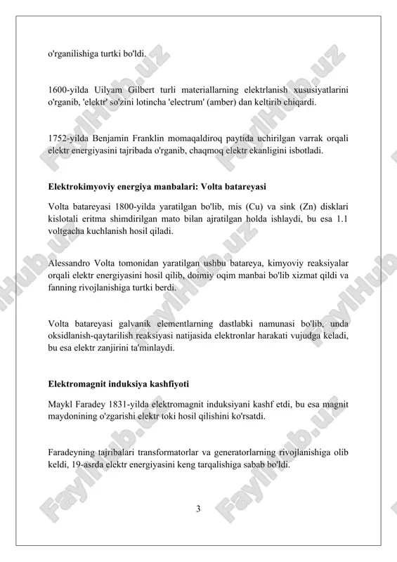 otiplarini ishlab chiqdi, bu esa uning ishlash muddatini oshirdi. verner fon simens 1866-yilda o'z-o'zidan uyg'onadigan generatorni ixtiro qildi, bu esa elektr energiyasini ishlab chiqarishni sezilarli darajada arzonlashtirdi va elektr yoritgichning keng tarqalishiga yordam berdi. elektr uzatish tizimlarining paydo bo'lishi 1882 yilda myunxenda birinchi evropa elektr uzatish liniyasi qurildi, 2 kv doimiy tokda 57 km masofaga elektr energiyasini yetkazib berdi, bu sanoat rivojlanishida muhim qadam bo'ldi. 1891 yilda frankfurtda uch fazali ac elektr uzatish tajribasi o'tkazildi, 15 kv kuchlanish bilan 175 km masofaga elektr energiyasini uzatish imkonini berdi, bu esa katta yutuq bo'ldi. xx asrning boshlarida elektr uzatish tizimlari 110 kv va undan yuqori kuchlanishlarda rivojlana boshladi, bu esa uzoq masofalarga energiya uzatishning iqtisodiy samaradorligini oshirdi. doimiy tok (dc) tizimlarining rivojlanishi 1800-yilda alessandro volta tomonidan yaratilgan birinchi elektr batareyasi doimiy tok (dc) manbai bo'lib, zamonaviy dc tizimlarining asosini yaratdi va ilk tajribalar uchun imkoniyat ochdi. dastlabki telegraf tizimlari 1830-yillarda doimiy tokdan …