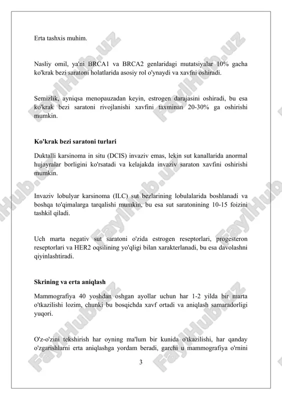 rol o'ynaydi, chunki ular davolash usullarini (masalan, gormonal terapiya) tanlashga yordam beradi. davolash usullari: jarrohlik lumpektomiya - bu saraton o'simtasini olib tashlash, sog'lom to'qimalarning kichik chegarasi bilan, ko'krakni saqlab qolishga qaratilgan minimal invaziv operatsiya turi. mastektomiya ko'krakni to'liq olib tashlashni o'z ichiga oladi; ba'zi hollarda rekonstruktiv jarrohlik ko'krak shaklini tiklash uchun mastektomiyadan so'ng amalga oshirilishi mumkin. sentinel limfa tugunining biopsiyasi - saraton tarqalishini tekshirish uchun birinchi limfa tugunini aniqlash va olib tashlash, bu esa ko'krak saratonida muhim bosqich hisoblanadi. davolash usullari: radiatsiya terapiyasi radiatsiya terapiyasi, yuqori energiyali nurlarni qo'llab, saraton hujayralarining dnksini buzadi, ularning ko'payishini to'xtatadi va o'smani kamaytiradi. doza fraksiyalarga bo'linib, sog'lom to'qimalarga ta'sir kamaytiriladi. 3d konformal radiatsiya terapiyasi (3d-crt) kabi zamonaviy usullar nurlanishni aniq shaklda o'smaga yo'naltiradi, bu esa atrofidagi sog'lom a'zolarning radiatsiya ta'sirini 60-70% kamaytiradi. brachytherapy, ichki radiatsiya terapiyasi, saraton o'chog'iga yaqin joylashtirilgan radioaktiv implantlardan foydalanadi, 5 dan 7 kun davomida yuqori dozani aniq yetkazib beradi va …