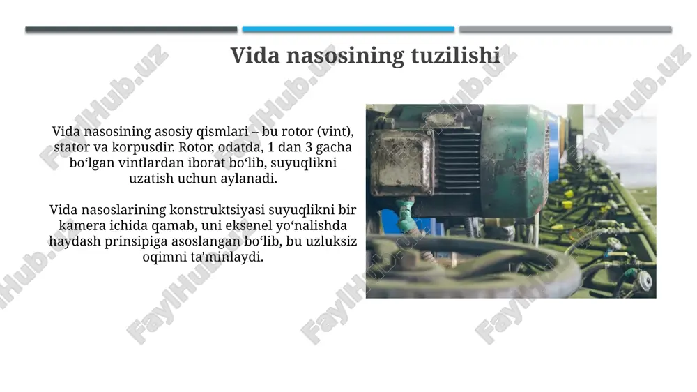 shda qo'llanilishi shurup nasoslari oqava suv tozalash inshootlarida loy va quyuq cho'kindi materiallarni 30% dan 85% gacha quruq moddalar bilan samarali ravishda tashish uchun ishlatiladi. oqava suvlarni tozalashda shurup nasoslari qattiq moddalarni saqlovchi nozik suyuqliklar bilan ishlashda, ayniqsa, 5 mm dan 50 mm gacha bo'lgan yirik qattiq zarralar mavjud bo'lganda afzalliklarga ega. vida nasoslariga texnik xizmat ko'rsatish vida nasoslariga texnik xizmat ko'rsatishda, har 2000 soat ishlagandan so'ng, moylash tizimini tozalash va yangi moy bilan to'ldirish muhim, bu ishqalanishni kamaytiradi. nasosning ishlash muddatini uzaytirish uchun, har 6 oyda bir marta rotor va stator orasidagi masofani tekshirish, 0.1-0.3 mm oralig'ida bo'lishini ta'minlash kerak. vida nasoslarini tanlashda e'tiborga olish kerak bo'lgan omillar nasosning maksimal o'tkazish qobiliyati (m³/soat) talab qilinadigan suyuqlik hajmini ta'minlashi kerak, lekin haddan tashqari katta bo'lmasligi lozim, samaradorlik uchun. suyuqlikning xususiyatlari (viskozlik, zichlik, korrozivlik) nasos materialini tanlashda muhim rol o'ynaydi, masalan, zanglamaydigan po'lat korroziv moddalar uchun. e'tiboringiz uchun rahmat image2.jpg image3.jpg …