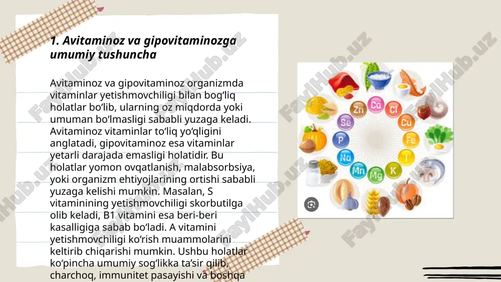 rib chiqarishi mumkin. d vitamini quyosh nurlari ta’sirida terida hosil bo‘ladi, shuningdek, baliq yog‘i, tuxum va sut mahsulotlarida uchraydi. bu vitamin suyaklar uchun zarur bo‘lib, kaltsiyning so‘rilishiga yordam beradi. raxit yosh bolalarda suyaklar yumshashiga va deformatsiyaga olib keladi. o‘zbekiston singari quyoshli mamlakatlarda ham d vitamini yetishmovchiligi kuzatilishi mumkin, chunki oziq-ovqatlar va quyosh nuri yetarli darajada olinmaydi. kuniga taxminan 600-800 iu d vitamini qabul qilish tavsiya etiladi. raxit profilaktikasi uchun quyosh nurlaridan foydalanish va d vitamini qo‘shimchalarini qabul qilish muhim. ... t.me/slaydai_bot 7. e vitamin yetishmovchiligi va antioksidantlar e vitamini yetishmovchiligi asosan noto'g'ri ovqatlanish natijasida yuzaga kelishi mumkin. ushbu vitamin yog'li ozuqalarda, masalan, bodom, kungaboqar urug'lari va yashil bargli sabzavotlarda mavjud. yetishmovchilik natijasida teri, immunitet va ko'rish qobiliyatida muammolar paydo bo'lishi mumkin. antioksidant sifatida e vitamini erkin radikallarni zararsizlantirishga yordam beradi, bu esa hujayralarni himoya qiladi. tavsiya etilgan sutkalik e vitamini doza erkaklar uchun 15 mg, ayollar uchun ham 15 mg …