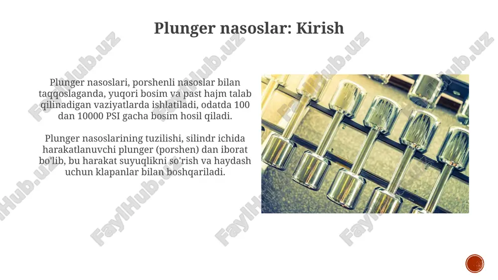 ik tizimlar va neft sanoati uchun muhim. kamchiliklaridan biri, pistonli nasoslarning narxi yuqori bo'lishi, ayniqsa, murakkab boshqaruv tizimlariga ega bo'lgan ko'p pistonli nasoslar uchun xosdir. plunger nasoslarining qo'llanilishi plunger nasoslari neft va gaz sanoatida yuqori bosimli in'ektsiya uchun ishlatiladi, masalan, metanol in'ektsiyasi, korroziyani nazorat qilish uchun 2000 psi dan 10000 psi gacha bosimda. kimyo sanoatida plunger nasoslari xavfli kimyoviy moddalarni aniq dozalash uchun qo'llaniladi, odatda 0,1% gacha aniqlik bilan, 5 dan 500 litrgacha bo'lgan hajmlarda. xizmat ko'rsatish va nosozliklarni bartaraf etish plungerning qadoqlanishini har 6 oyda tekshiring, eskirgan yoki shikastlangan qismlarni almashtiring, bu oqishning oldini oladi va nasos unumdorligini saqlaydi. valflarni har 2500 soatda tekshiring, agar korroziya yoki yoriqlar bo'lsa, yangilang, bu bosimni saqlab qolish va ishdan chiqishning oldini olish uchun juda muhimdir. e'tiboringiz uchun rahmat image5.jpg image6.jpg image7.jpg image8.jpg image9.jpg image10.jpg image11.jpg image12.jpg image13.jpg image14.jpg image15.jpg image16.jpg image1.png image2.png image3.png